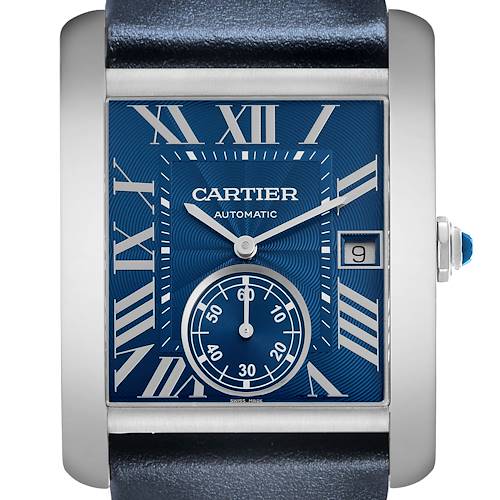 The Cartier Tank MC WSTA0010 Men's Stainless Steel Blue Dial watch is shown from the front, displaying the dial, hands, and date window prominently.