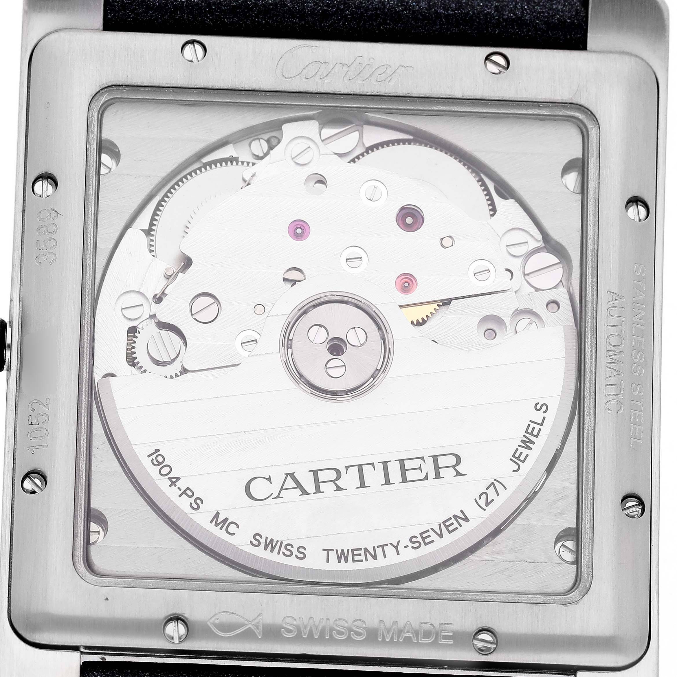 The image shows the back view of a Cartier Tank MC WSTA0010 Men's Stainless Steel Blue Dial watch, highlighting its automatic movement and internal mechanics.