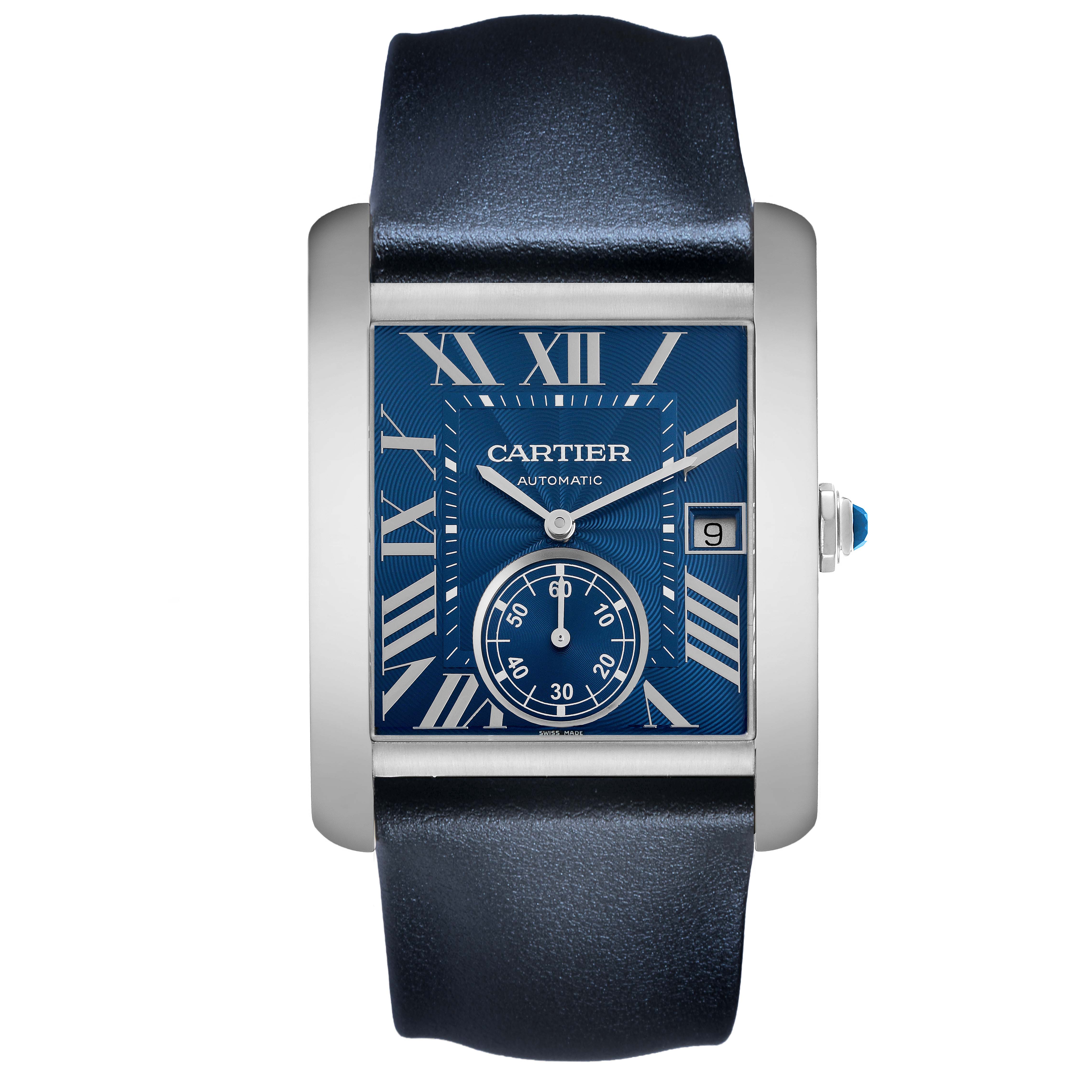 The Cartier Tank MC WSTA0010 Men's Stainless Steel Blue Dial watch is shown from a top-down view, highlighting its blue dial, Roman numerals, subdial, and date window.
