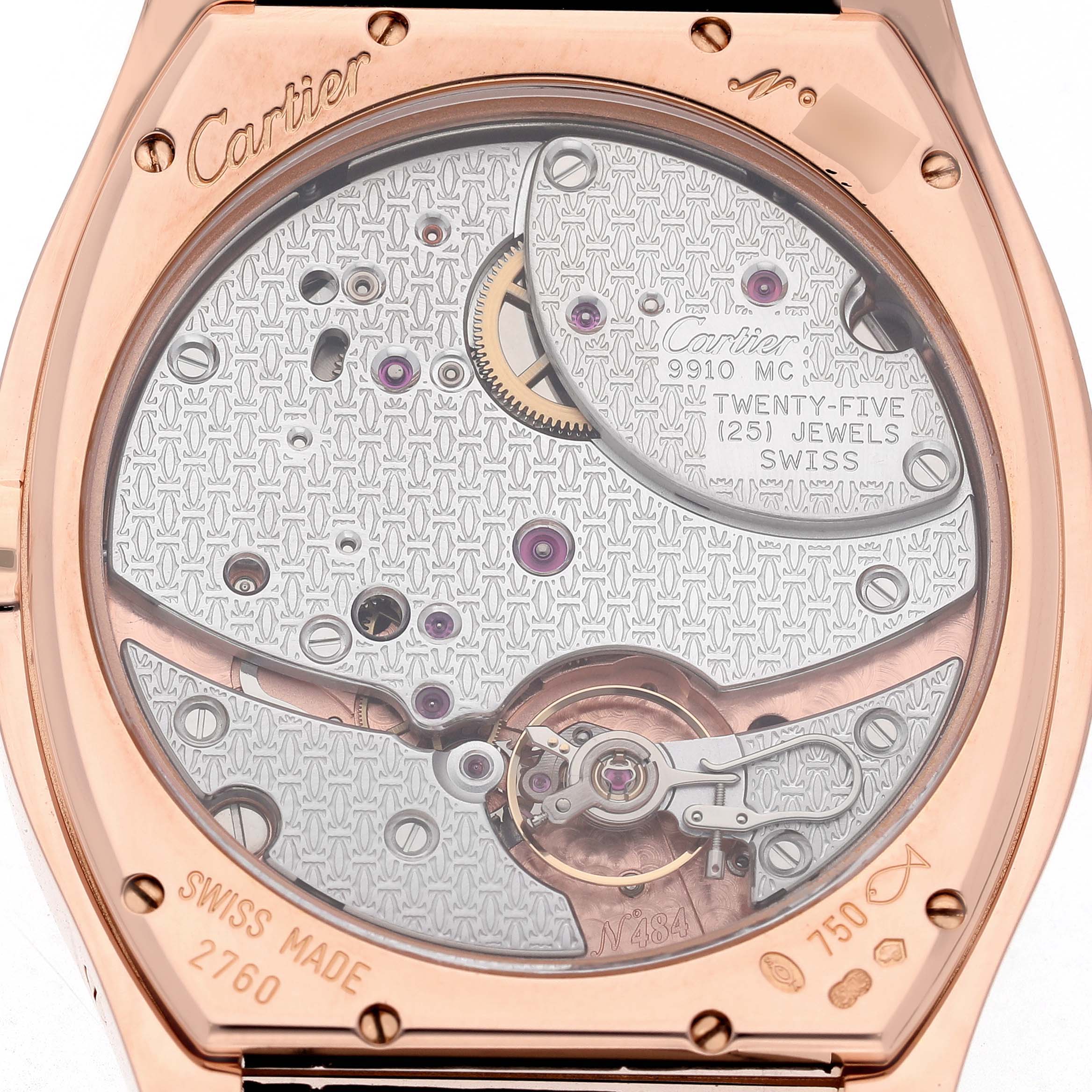The image shows the back view of a Cartier Tortue W1545851 Men's Rose Gold Silver Dial watch, highlighting its intricate movement and internal components.