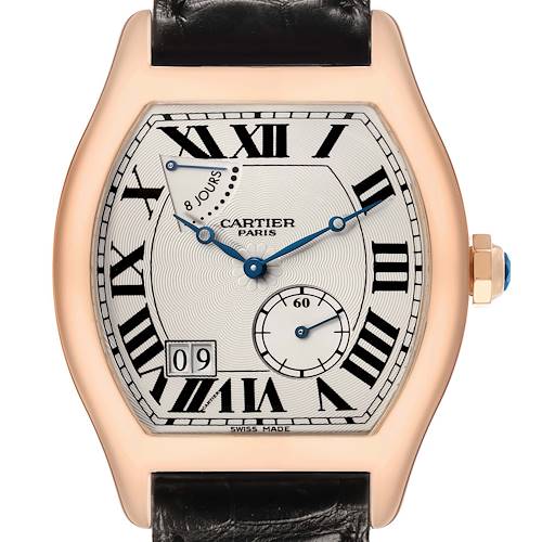 The image shows a Cartier Tortue W1545851 Men's Rose Gold Silver Dial watch from a front angle, displaying its dial, Roman numerals, sub-dial, and crown with a sapphire cabochon.