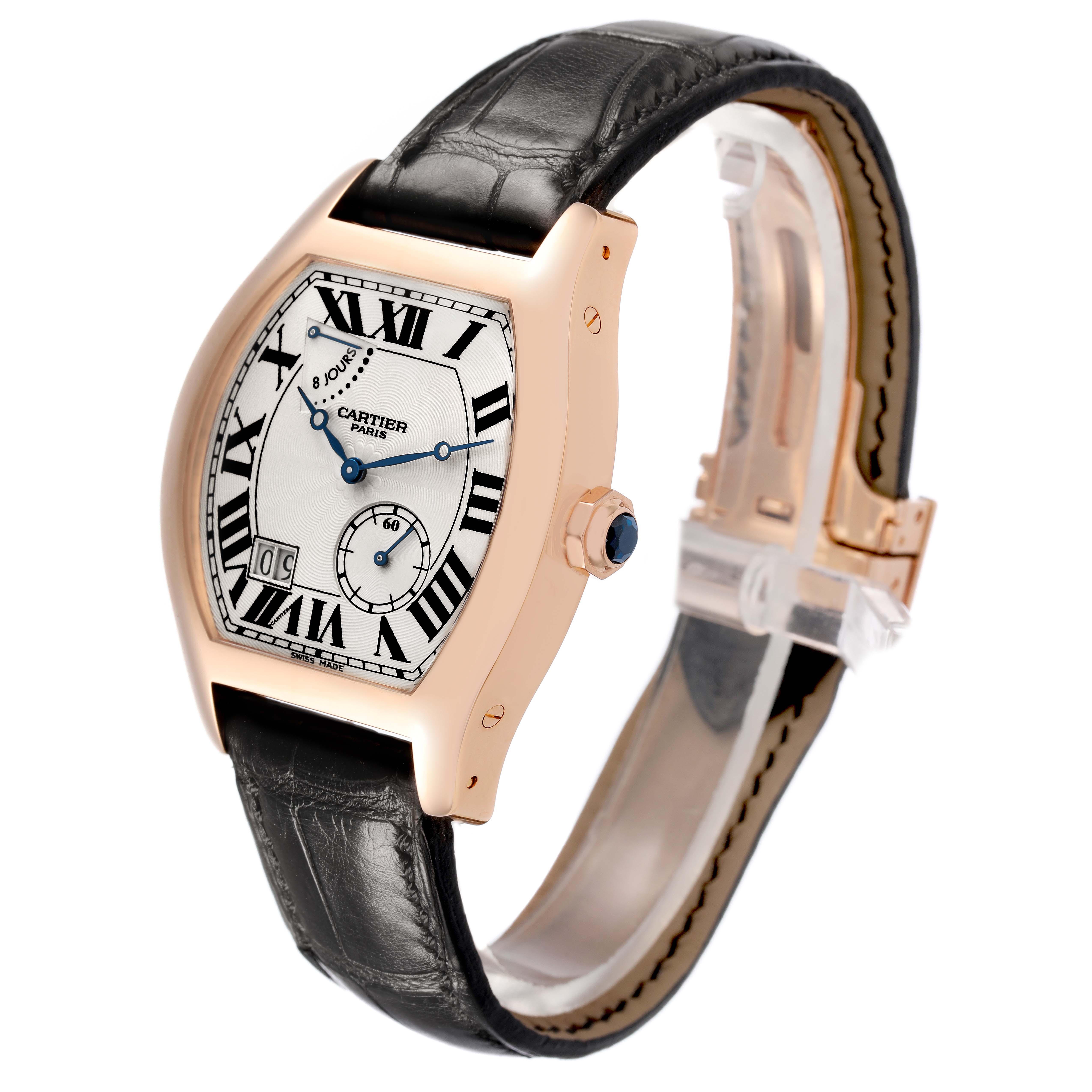 The Cartier Tortue W1545851 Men's Rose Gold Silver Dial watch is shown at a three-quarter angle, highlighting the dial, case, and black leather strap.