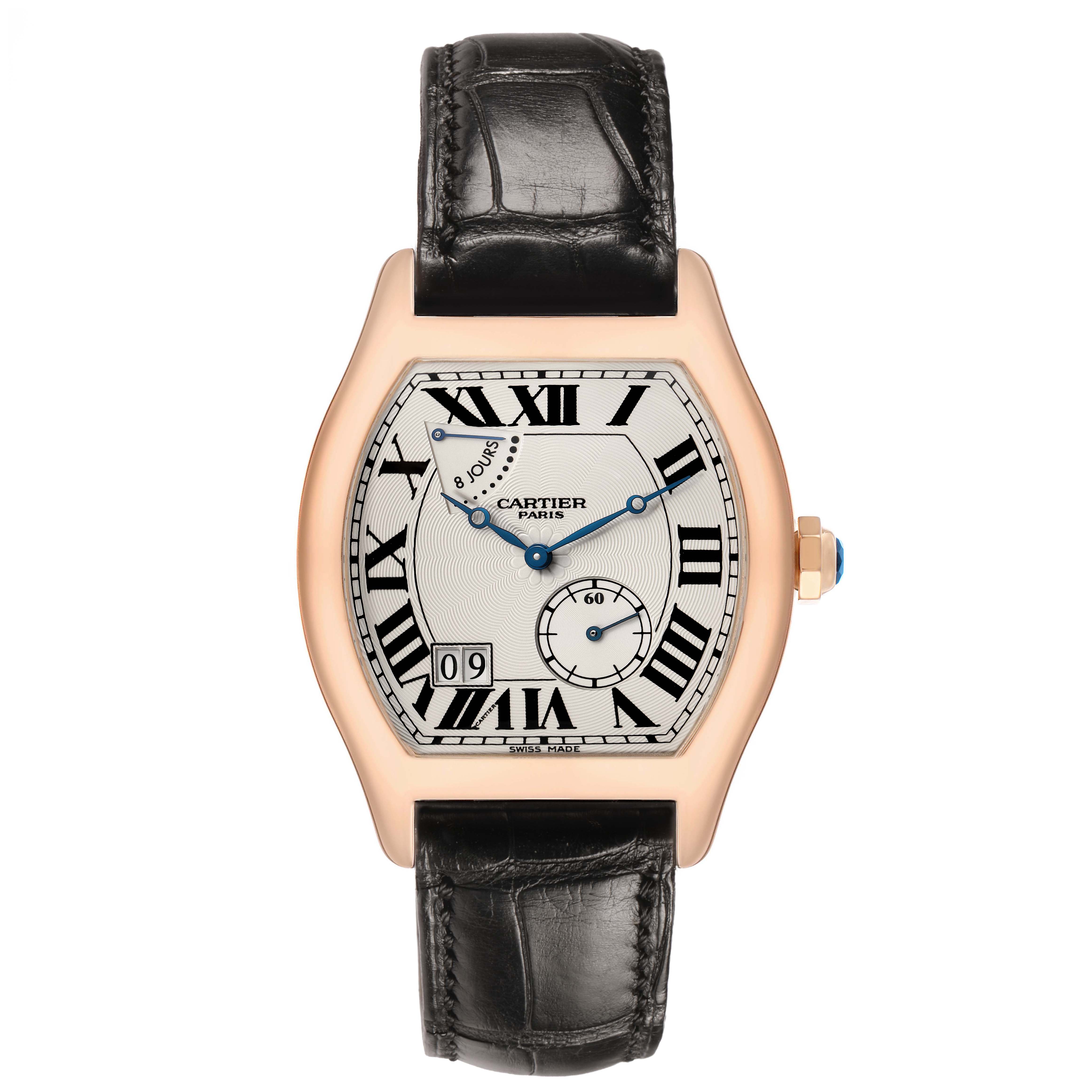 The Cartier Tortue W1545851 Men's Rose Gold Silver Dial watch is shown front-facing, displaying the dial, leather strap, and case with a visible crown.