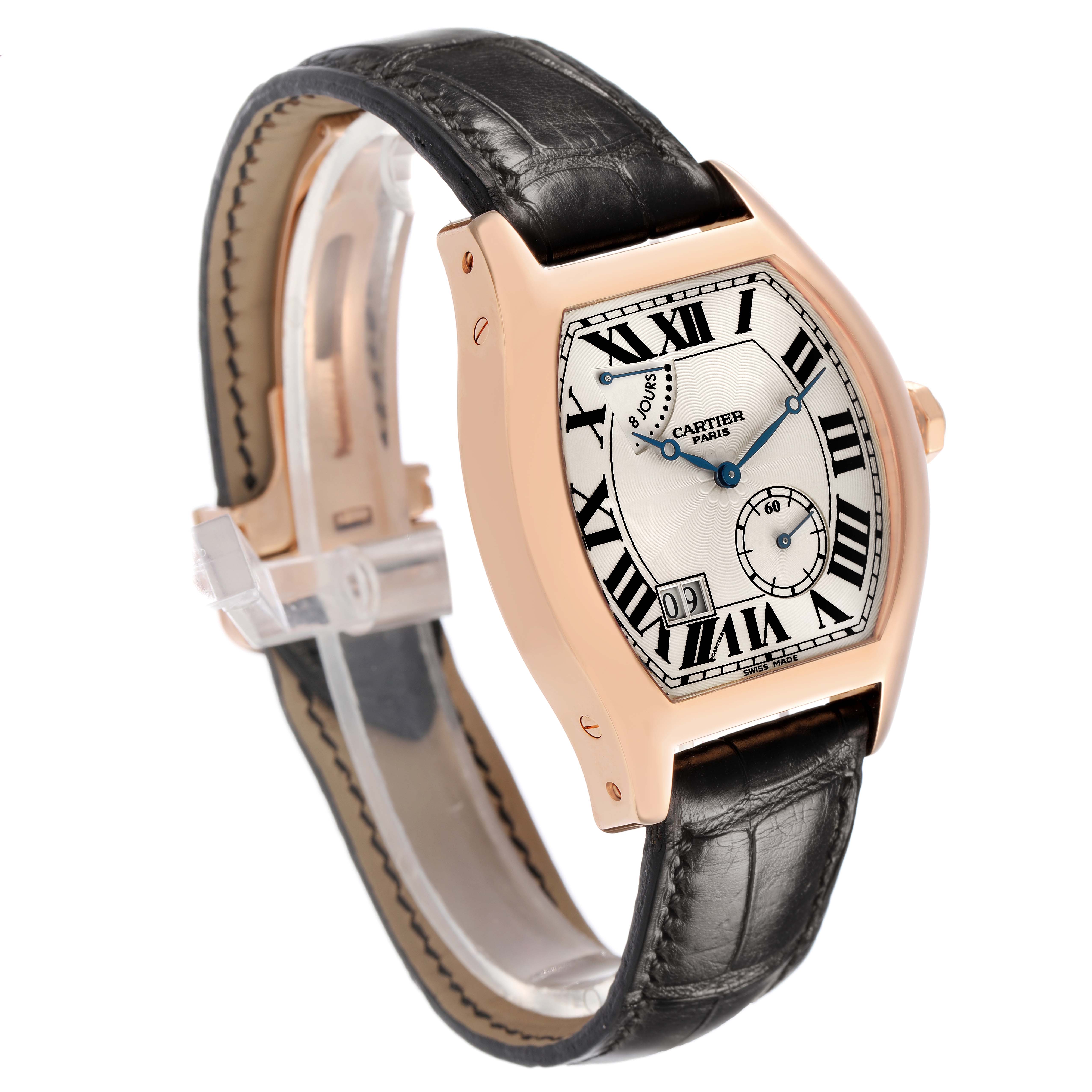 The Cartier Tortue W1545851 Men's Rose Gold Silver Dial watch is shown at a three-quarter angle, displaying the strap, case, and face with Roman numerals and blued hands.