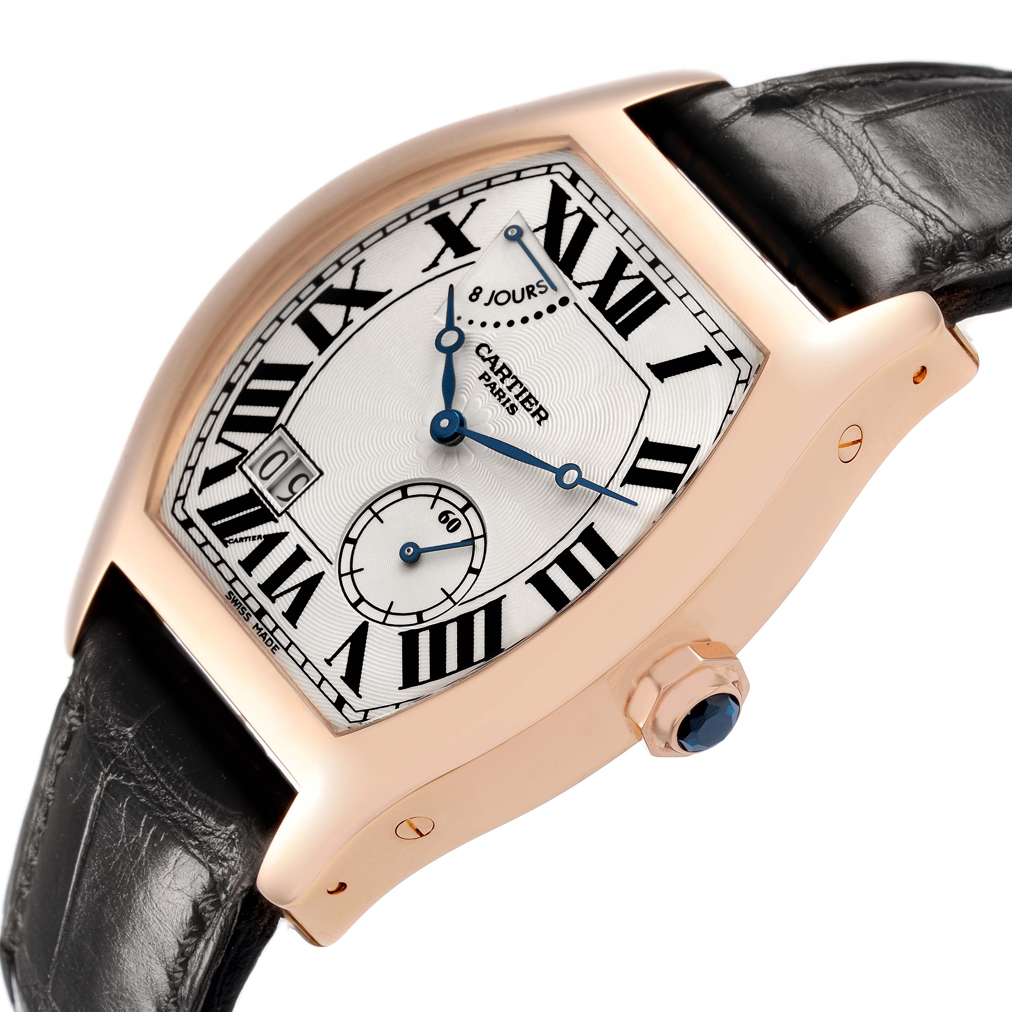 The Cartier Tortue W1545851 Men's Rose Gold Silver Dial watch is shown at an angle highlighting the case, dial, crown with a blue cabochon, and leather strap.