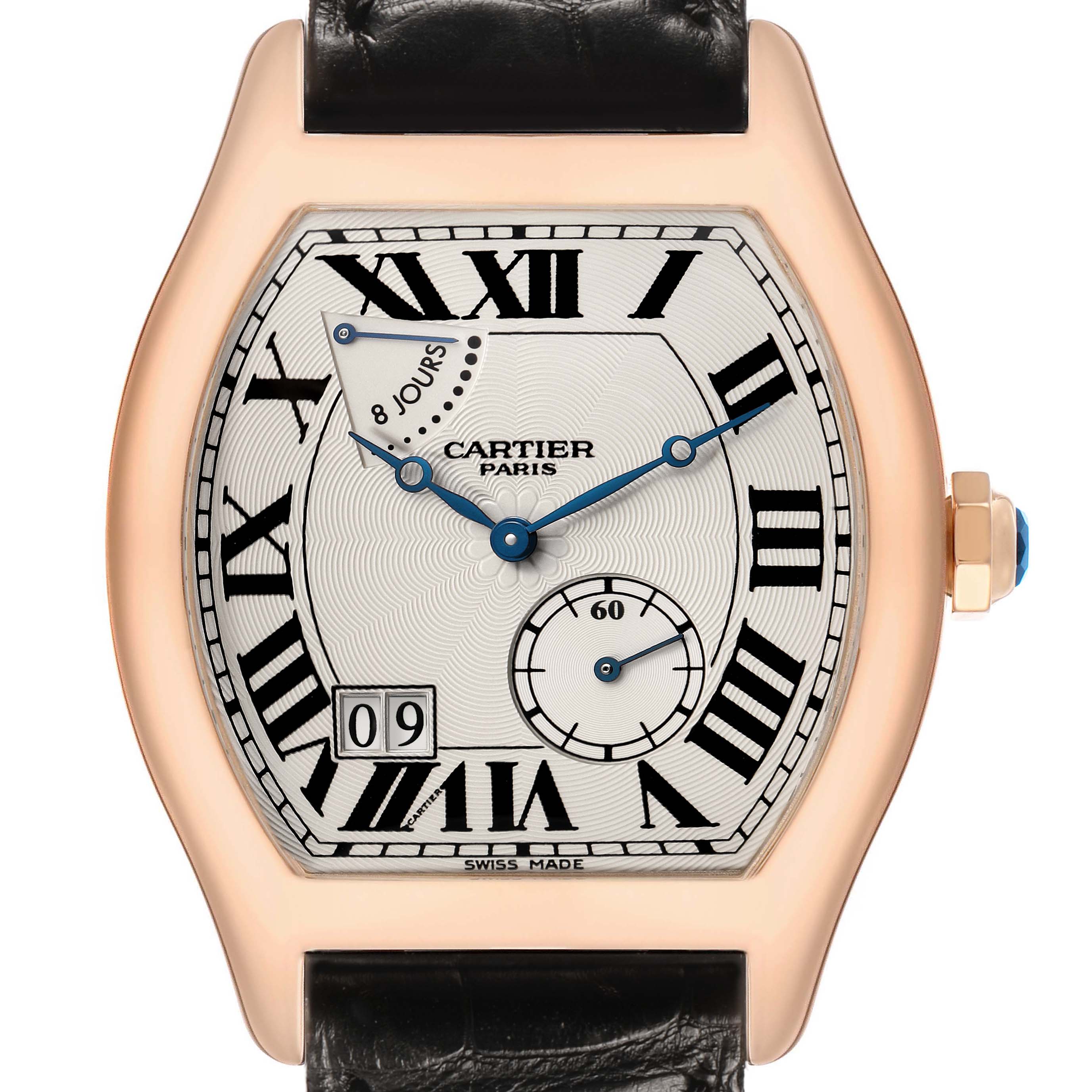 The image shows a Cartier Tortue W1545851 Men's Rose Gold Silver Dial watch from a front view, displaying its dial, Roman numerals, subdials, and crown.