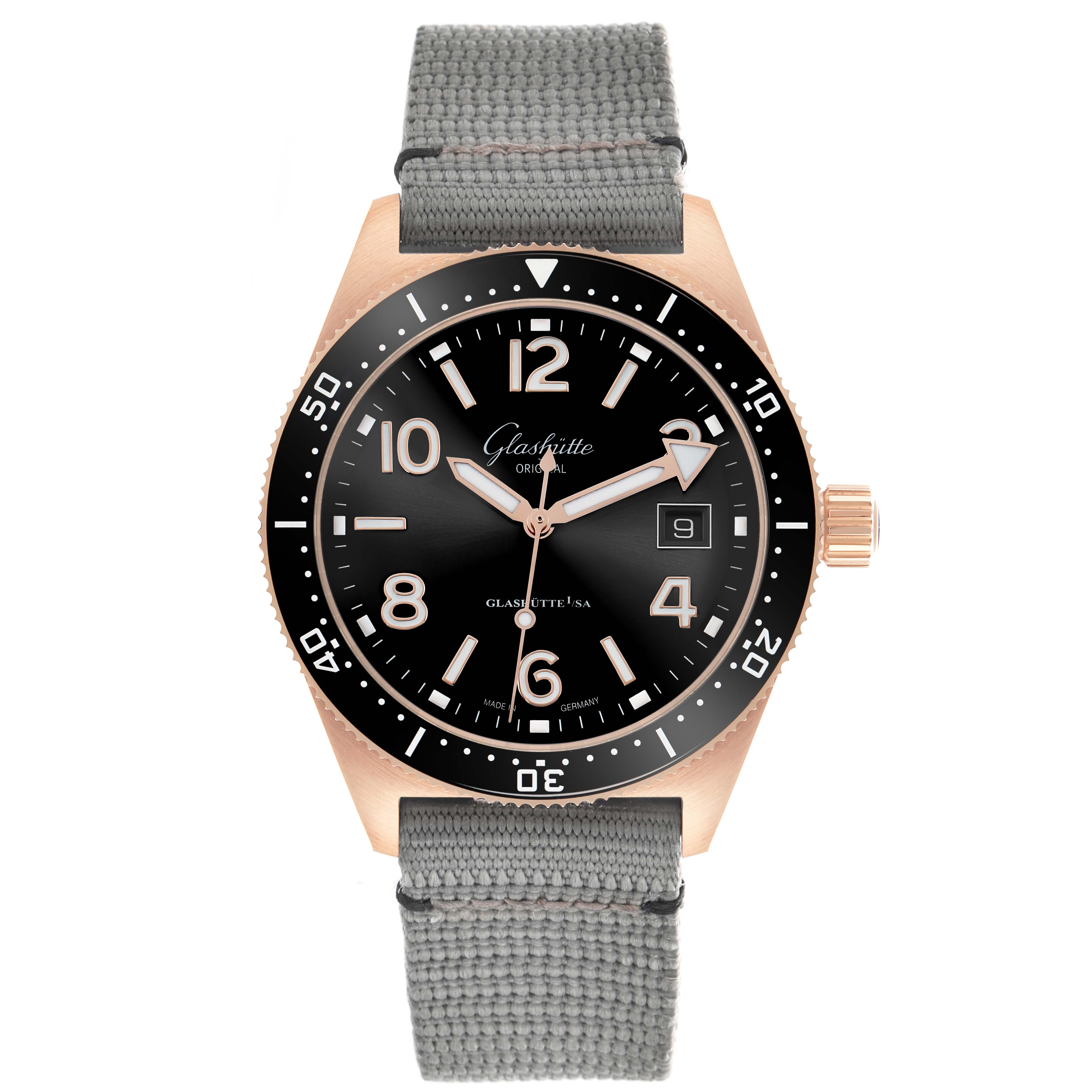 The Glashütte Original watch is shown from the front, displaying its face, bezel, crown, and gray fabric strap.