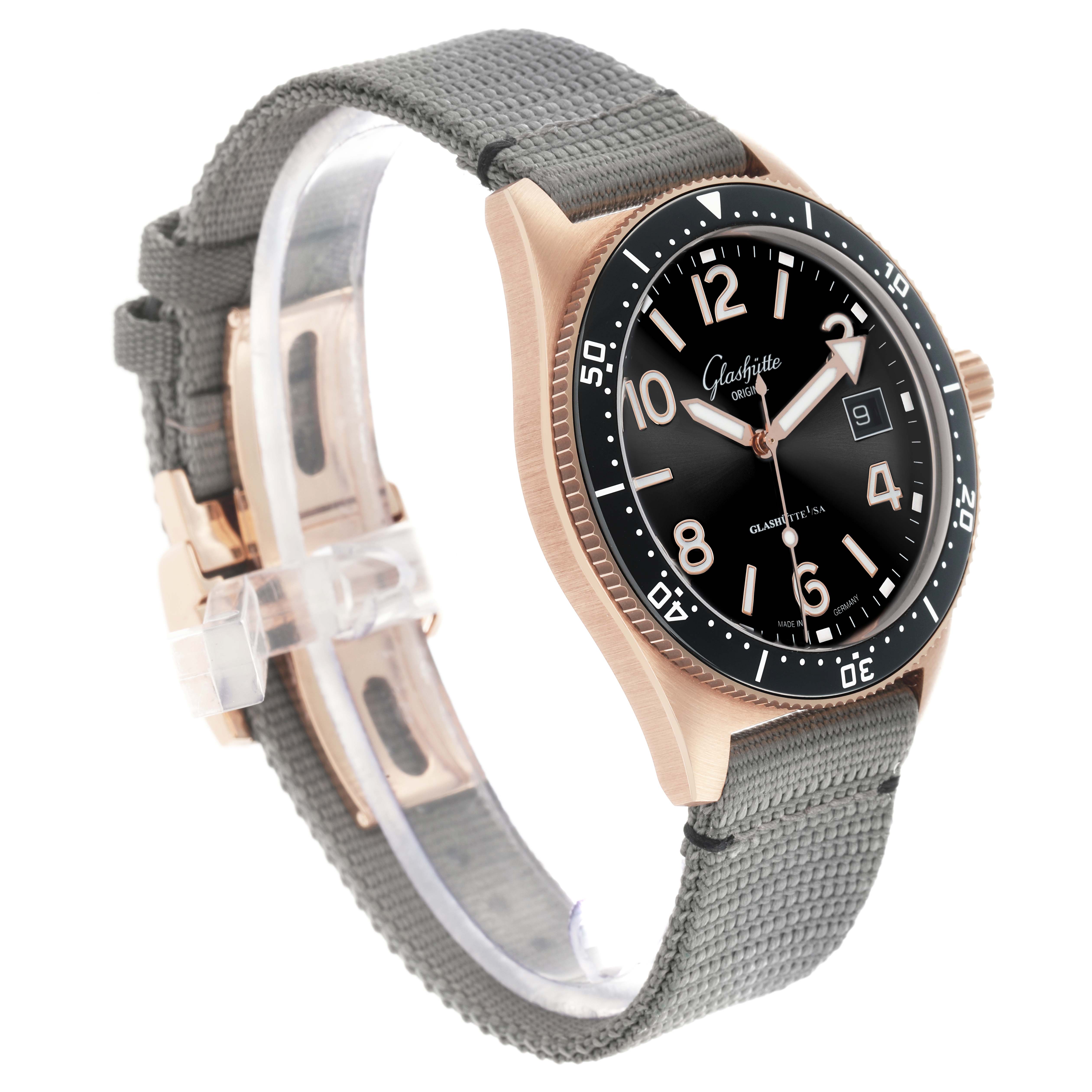 The Glashütte Original watch is shown at a three-quarter angle, displaying the face, bezel, and strap.