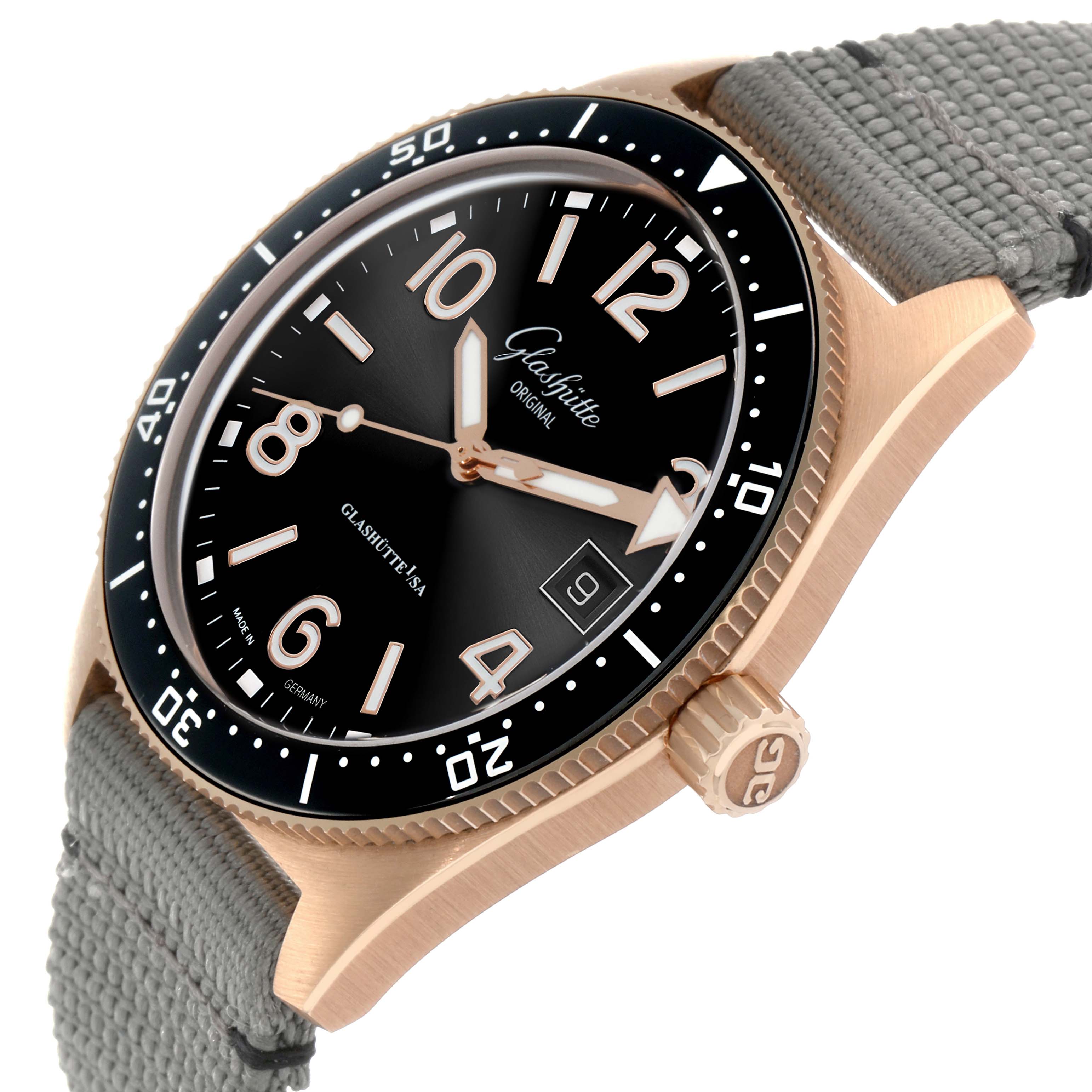 The Glashütte Original watch is shown from a side angle highlighting the dial, bezel, crown, and strap attachment.