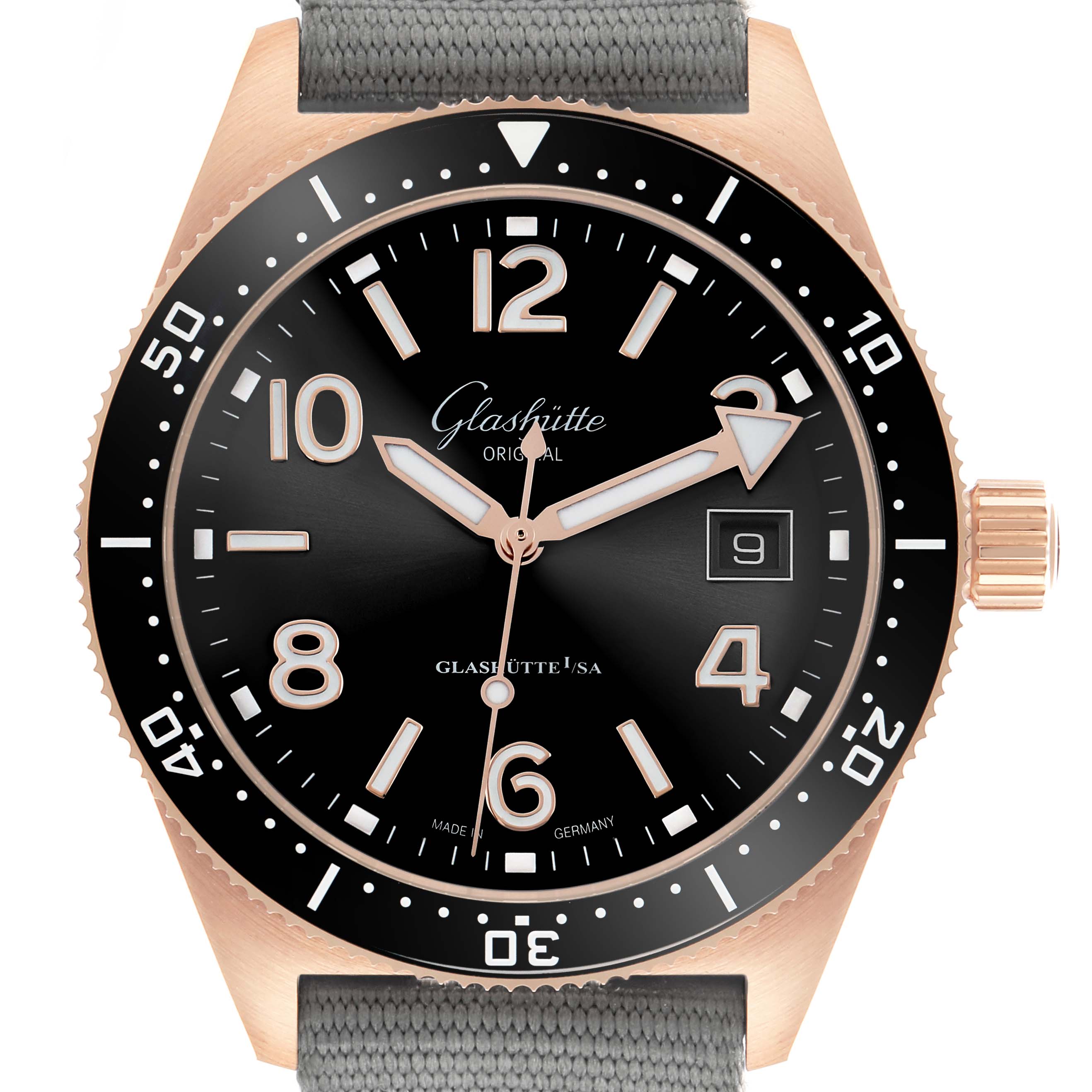 The Glashütte Original model is shown from a front angle, displaying the face, bezel, hands, and strap attachment.