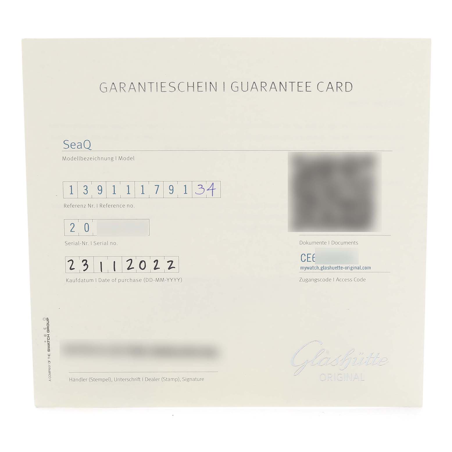 The image shows a straight-on view of a Glashütte Original SeaQ guarantee card.
