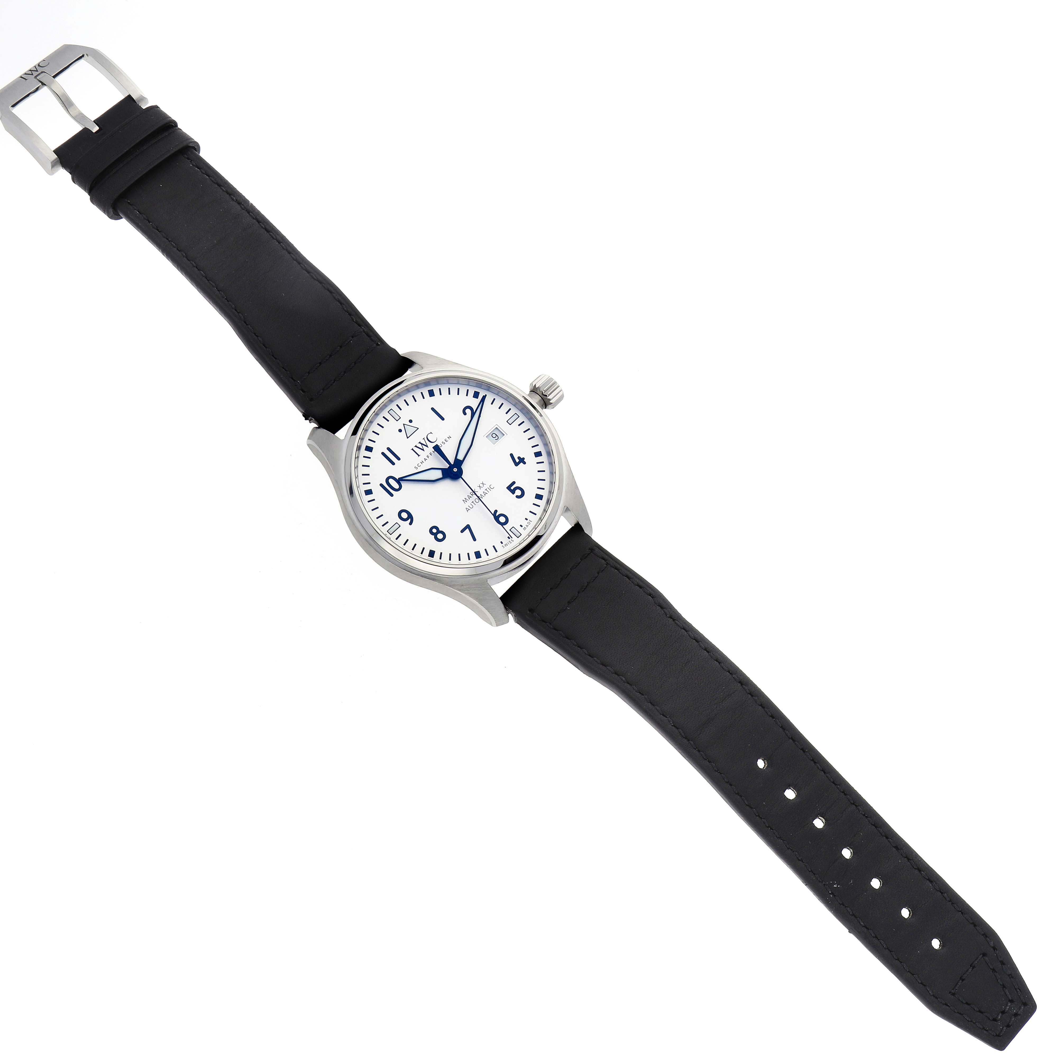 The IWC Pilot IW328208 Men's Stainless Steel Silver Dial IW328208 Men's Stainless Steel Silver Dial watch is shown from a top-down angle, displaying its black leather strap and white dial with blue hands and numerals.