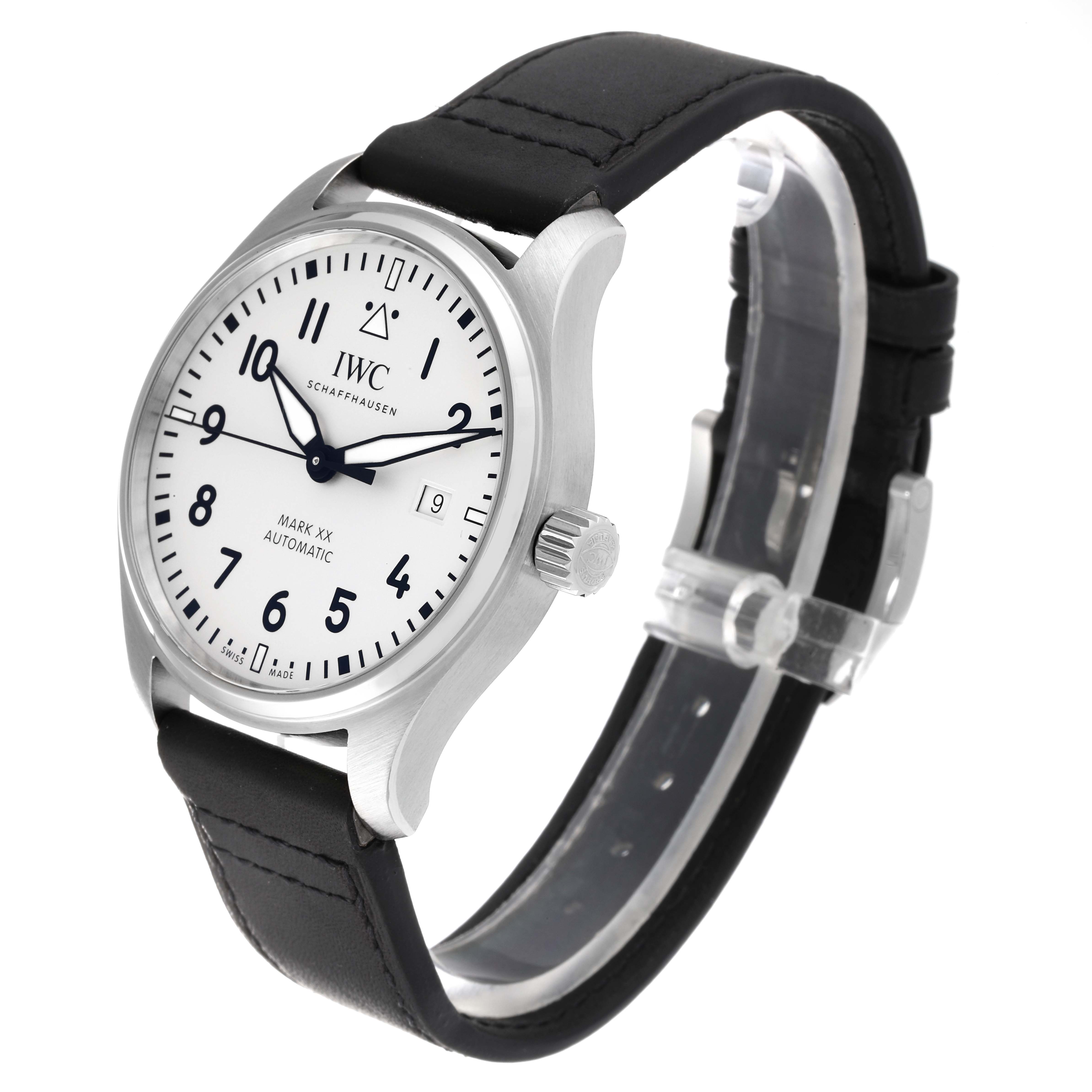 The image shows a side view of the IWC Pilot IW328208 Men's Stainless Steel Silver Dial IW328208 Men's Stainless Steel Silver Dial Mark XX watch, highlighting the dial, bezel, crown, and leather strap.