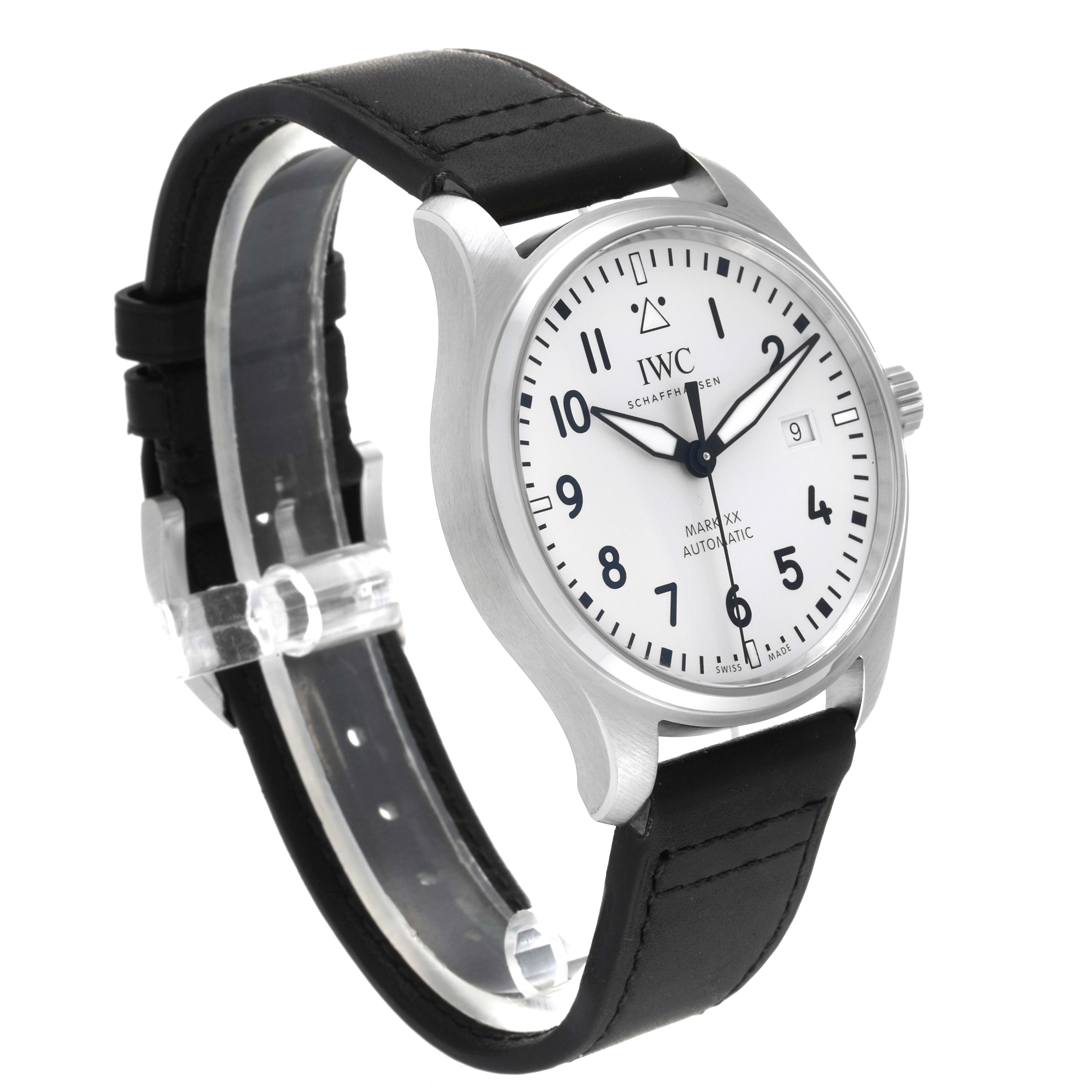 The image shows the IWC Pilot IW328208 Men's Stainless Steel Silver Dial IW328208 Men's Stainless Steel Silver Dial Mark XV watch at a 3/4 angle, highlighting its dial, casing, and black leather strap.