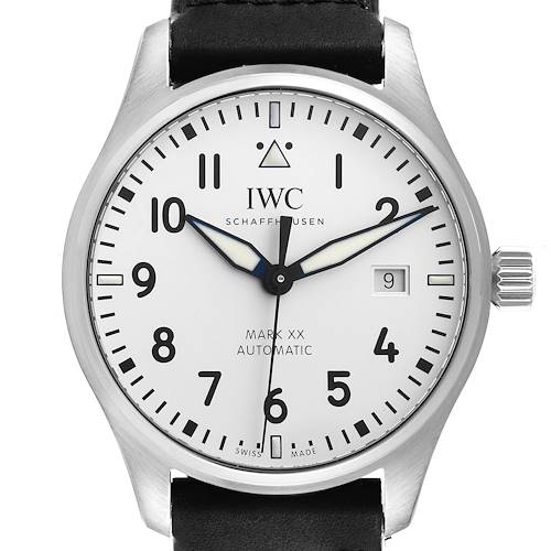 The image shows a front view of the IWC Pilot Mark XX Automatic watch, highlighting its face, markers, hands, and date window.