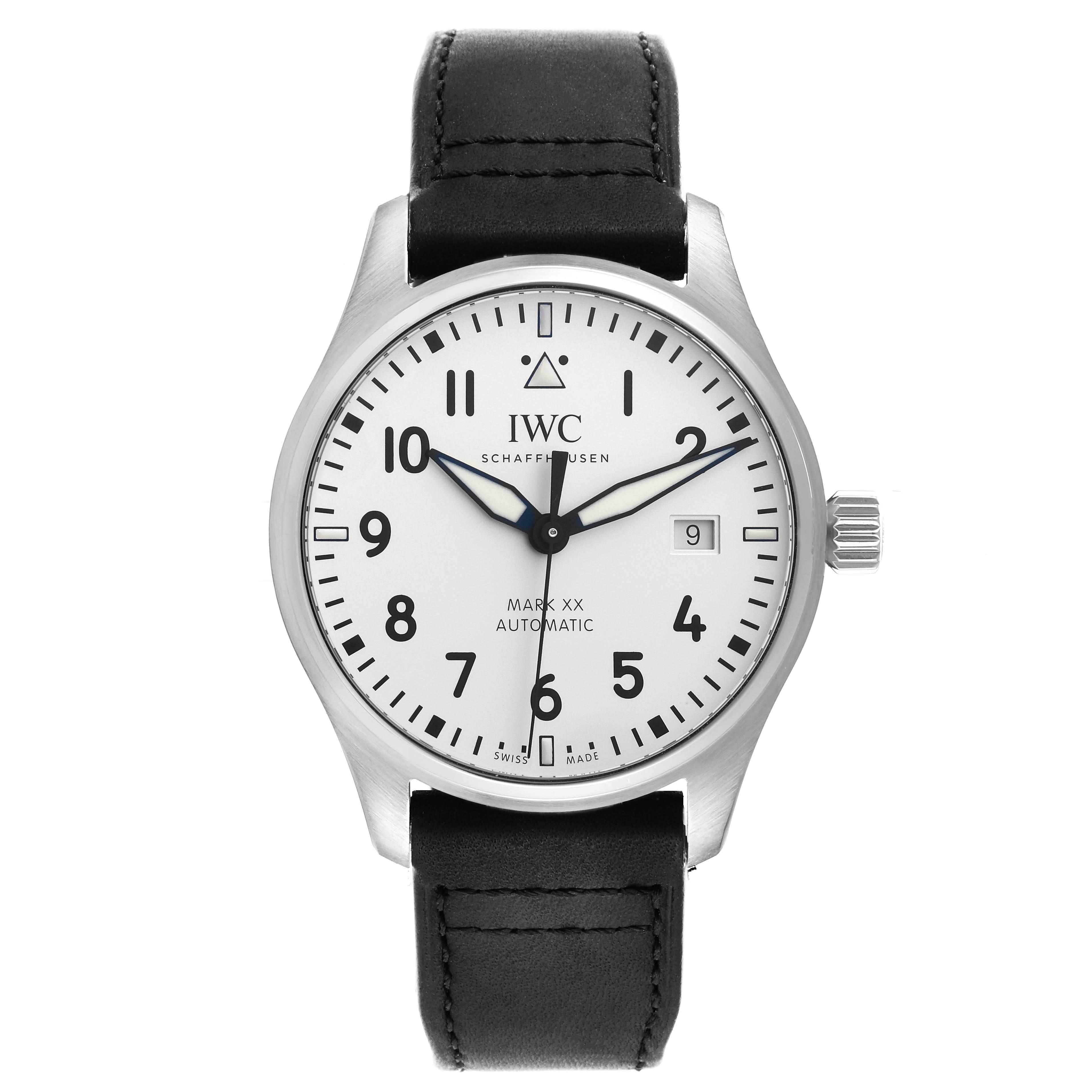 This image shows a front view of an IWC Pilot IW328208 Men's Stainless Steel Silver Dial IW328208 Men's Stainless Steel Silver Dial Mark XX watch, displaying the dial, hands, crown, and leather strap.
