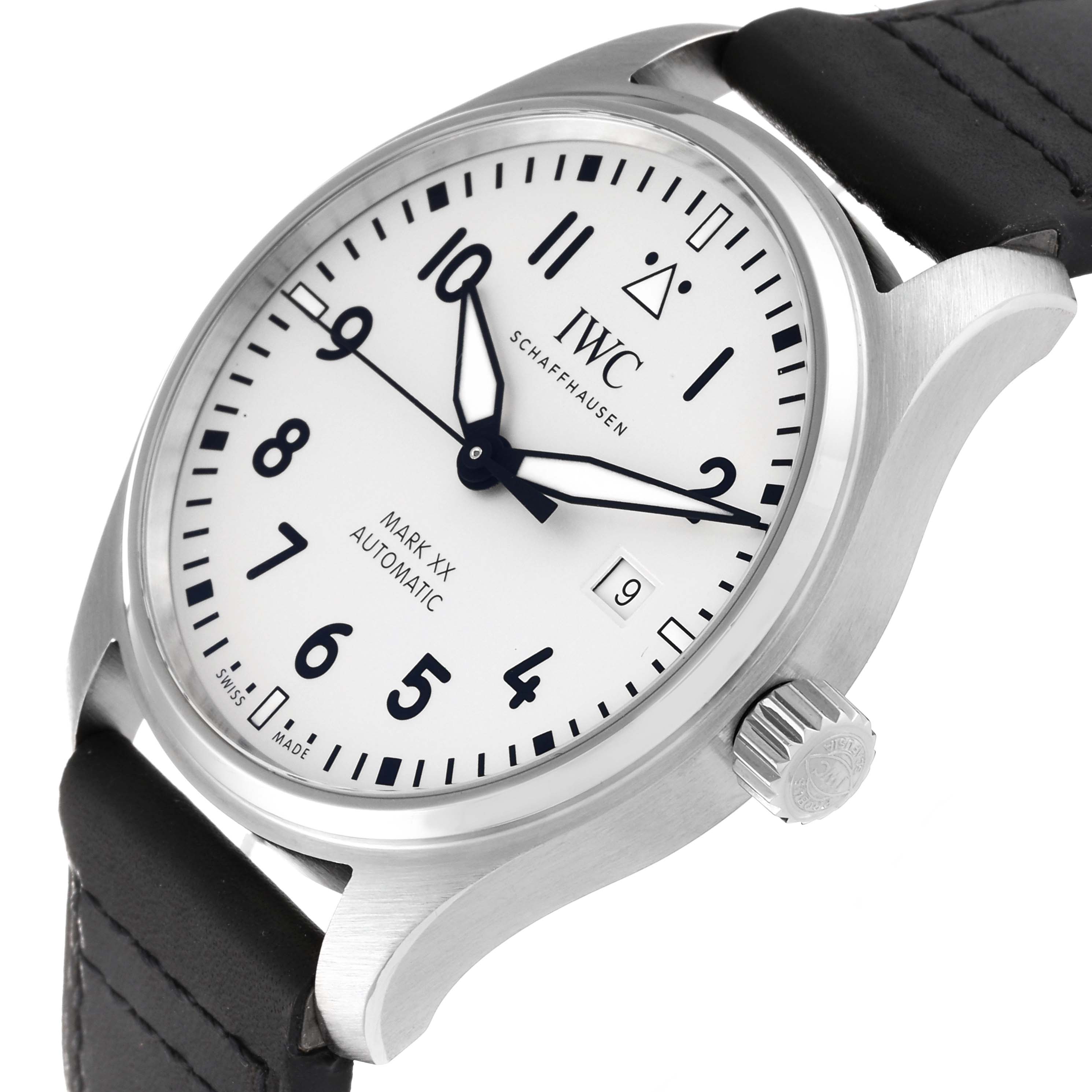 The IWC Pilot IW328208 Men's Stainless Steel Silver Dial IW328208 Men's Stainless Steel Silver Dial Mark XX watch is shown at a three-quarter angle, displaying the dial, case, crown, and part of the black strap.