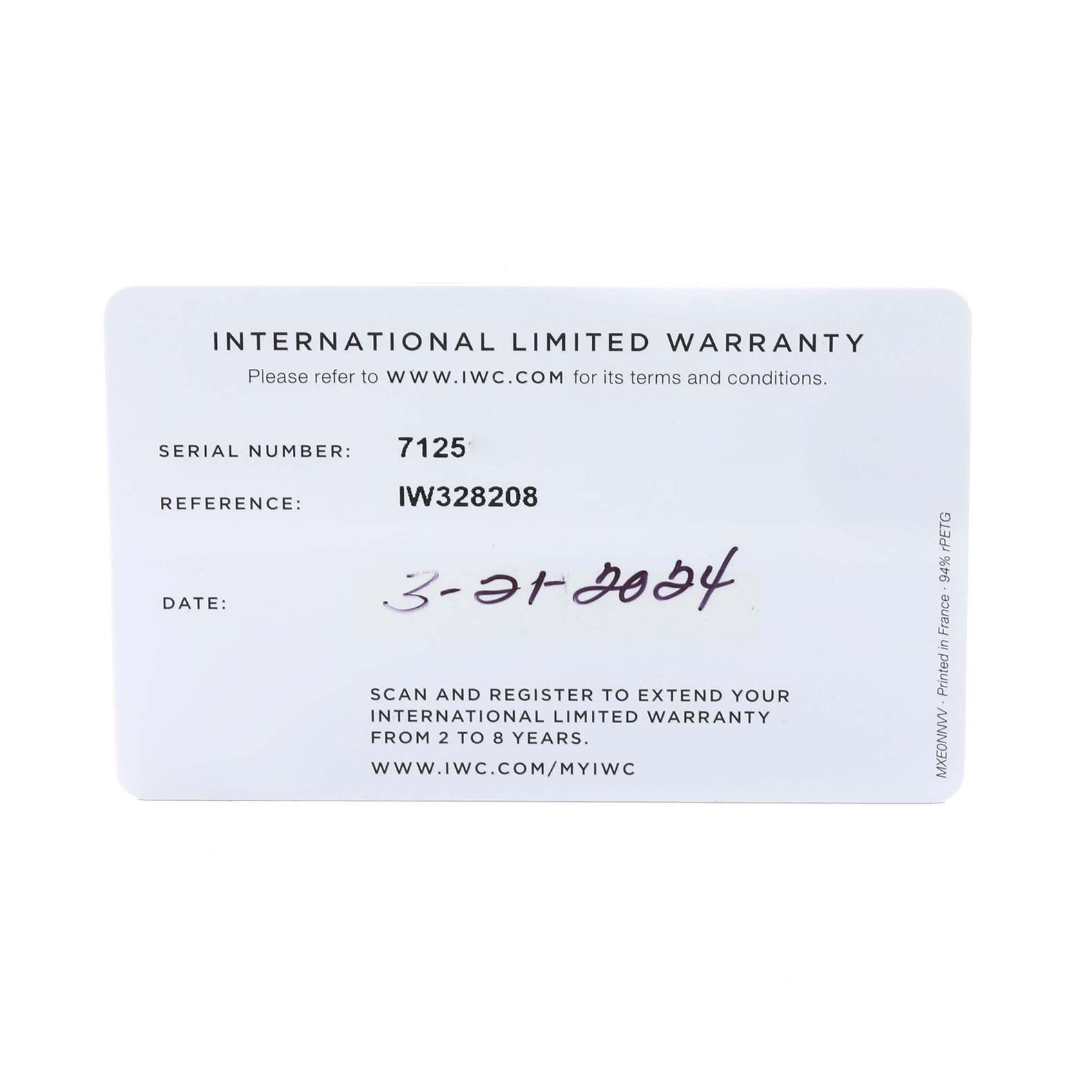 The image shows the International Limited Warranty card for an IWC Pilot IW328208 Men's Stainless Steel Silver Dial IW328208 Men's Stainless Steel Silver Dial model watch, viewed from the front.