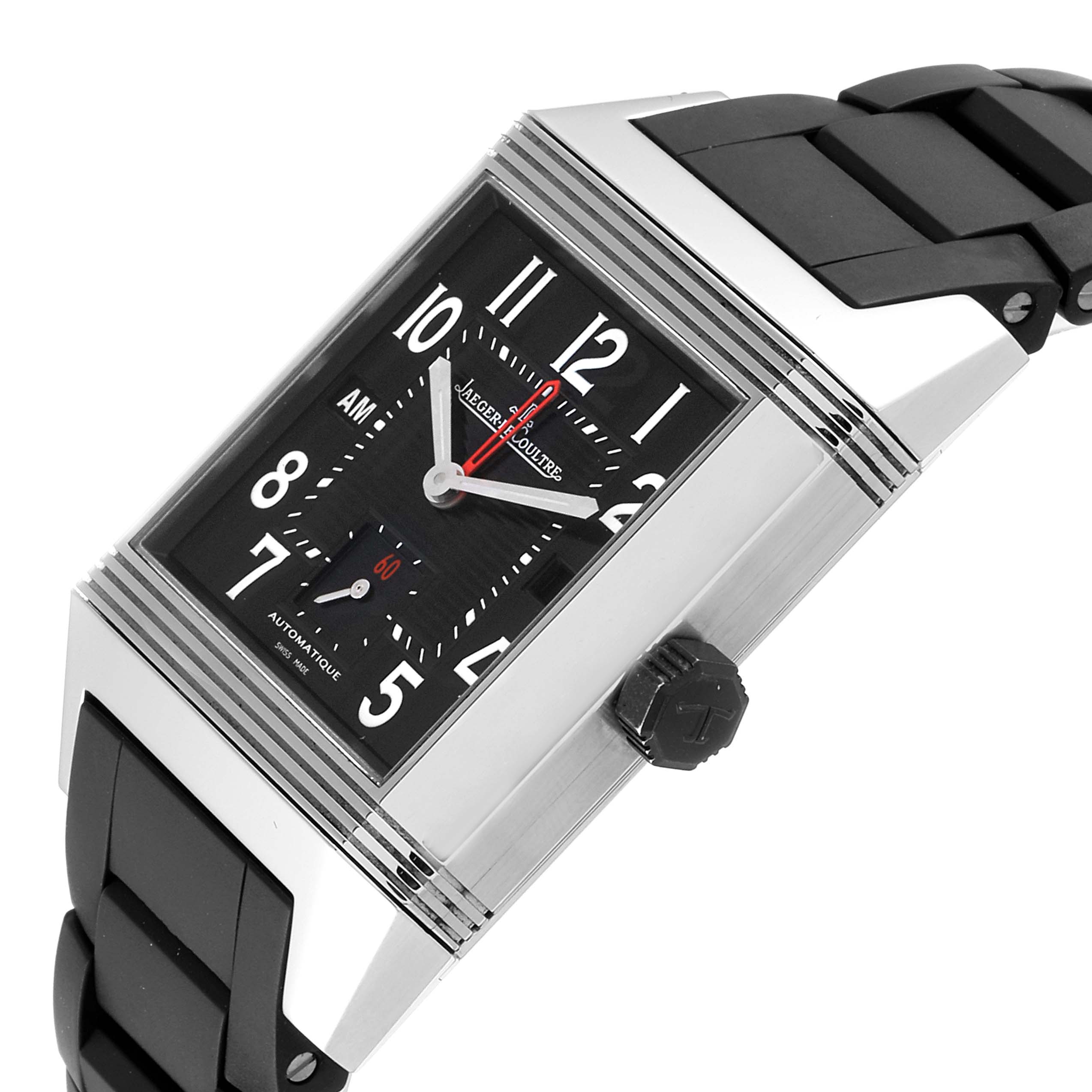 This image shows a Jaeger LeCoultre Reverso Q700867P Men's Stainless Steel Black Dial Q700867P Men's Stainless Steel Black Dial watch angled diagonally, displaying its face, crown, and part of the strap.