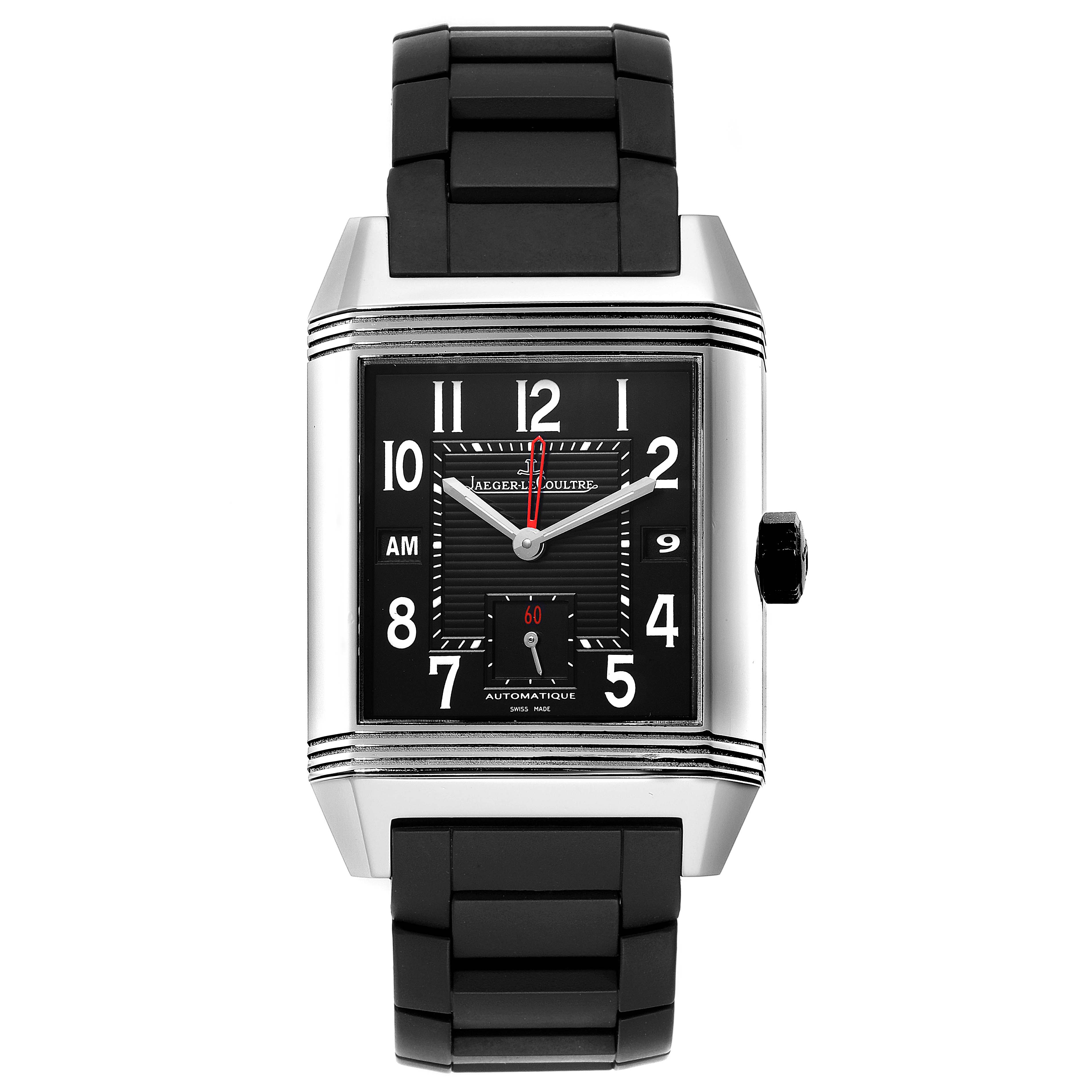 This image shows a front view of the Jaeger LeCoultre Reverso Q700867P Men's Stainless Steel Black Dial Q700867P Men's Stainless Steel Black Dial watch, highlighting its black dial, numerals, and black strap.