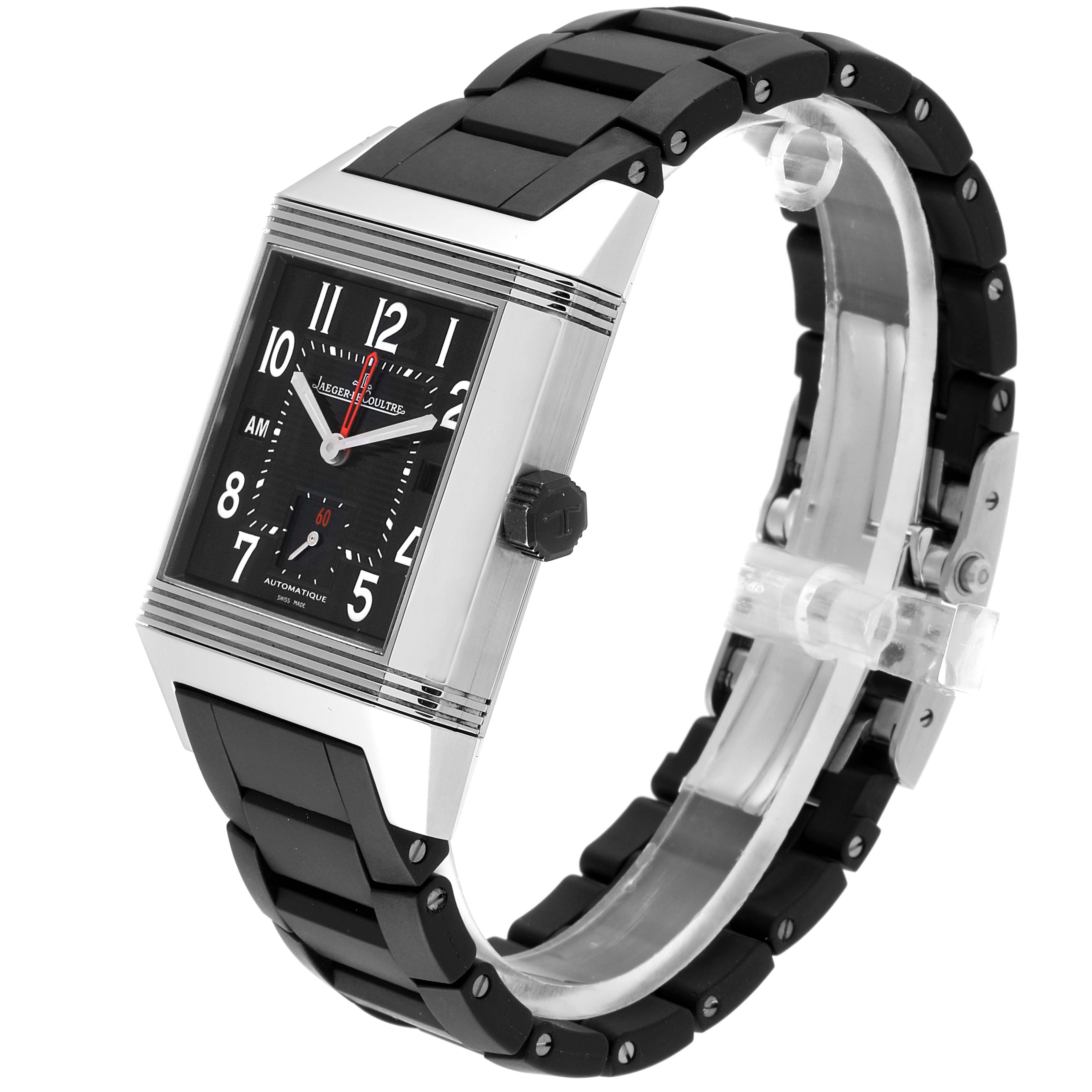 This image shows a Jaeger LeCoultre Reverso Q700867P Men's Stainless Steel Black Dial Q700867P Men's Stainless Steel Black Dial watch at a front-side angle, highlighting the face, case, crown, and strap.