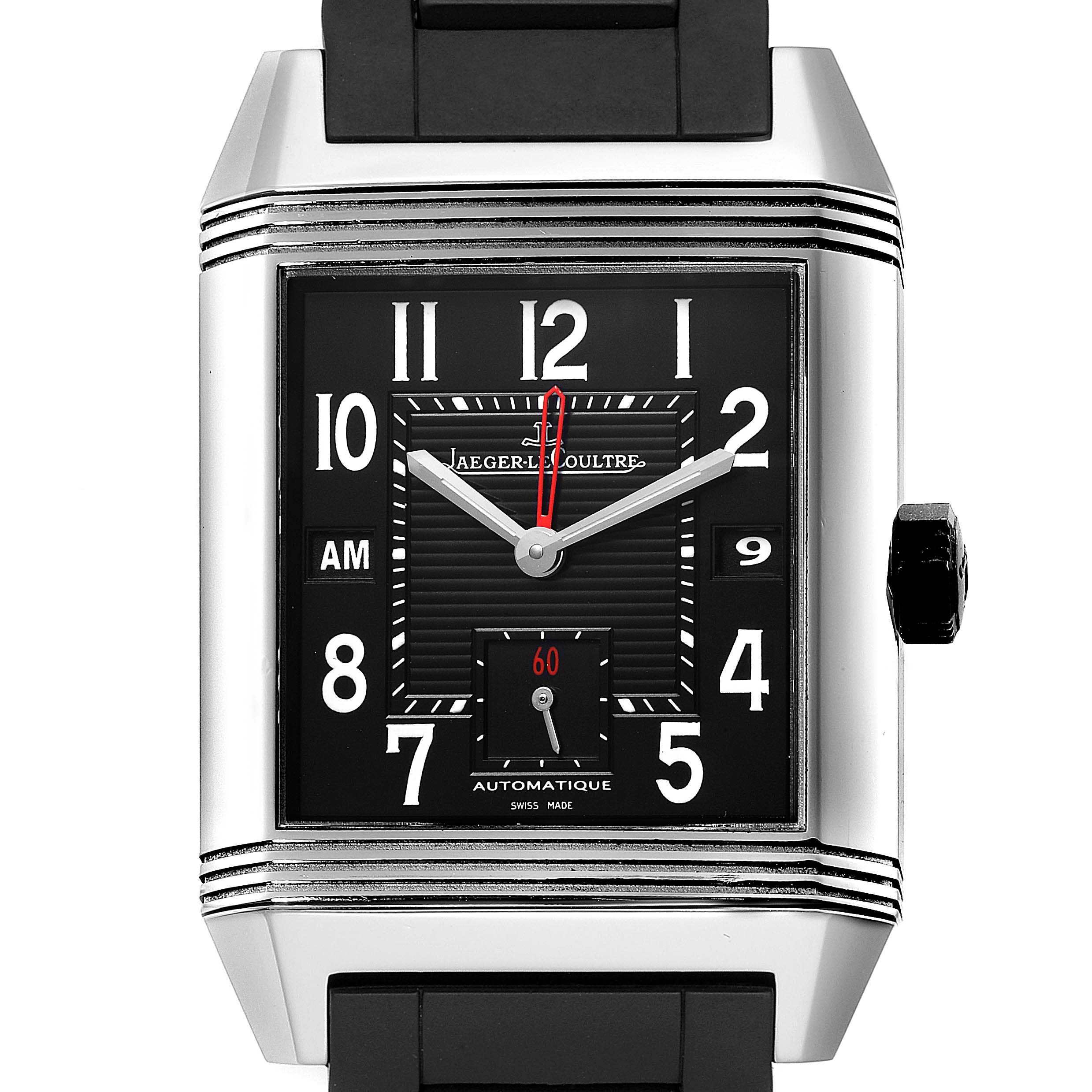 The image shows a front view of a Jaeger LeCoultre Reverso Q700867P Men's Stainless Steel Black Dial Q700867P Men's Stainless Steel Black Dial watch, highlighting its rectangular dial, crown, and strap.