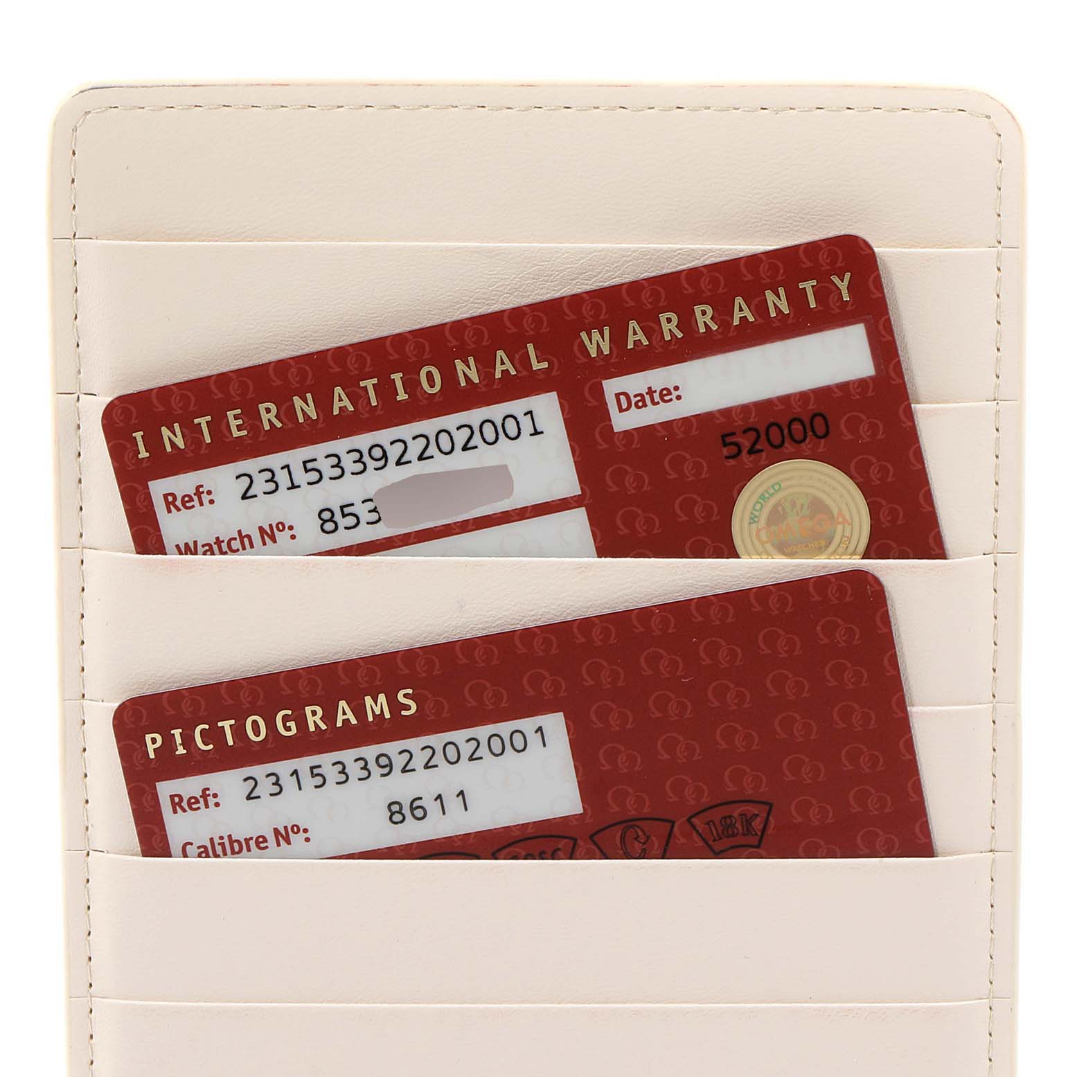 The image shows warranty and pictogram cards for the Omega Aqua Terra 231.53.39.22.02.001 Men
s Rose Gold Silver Dial 231.53.39.22.02.001 Men
s Rose Gold Silver Dial model, placed in a white cardholder.