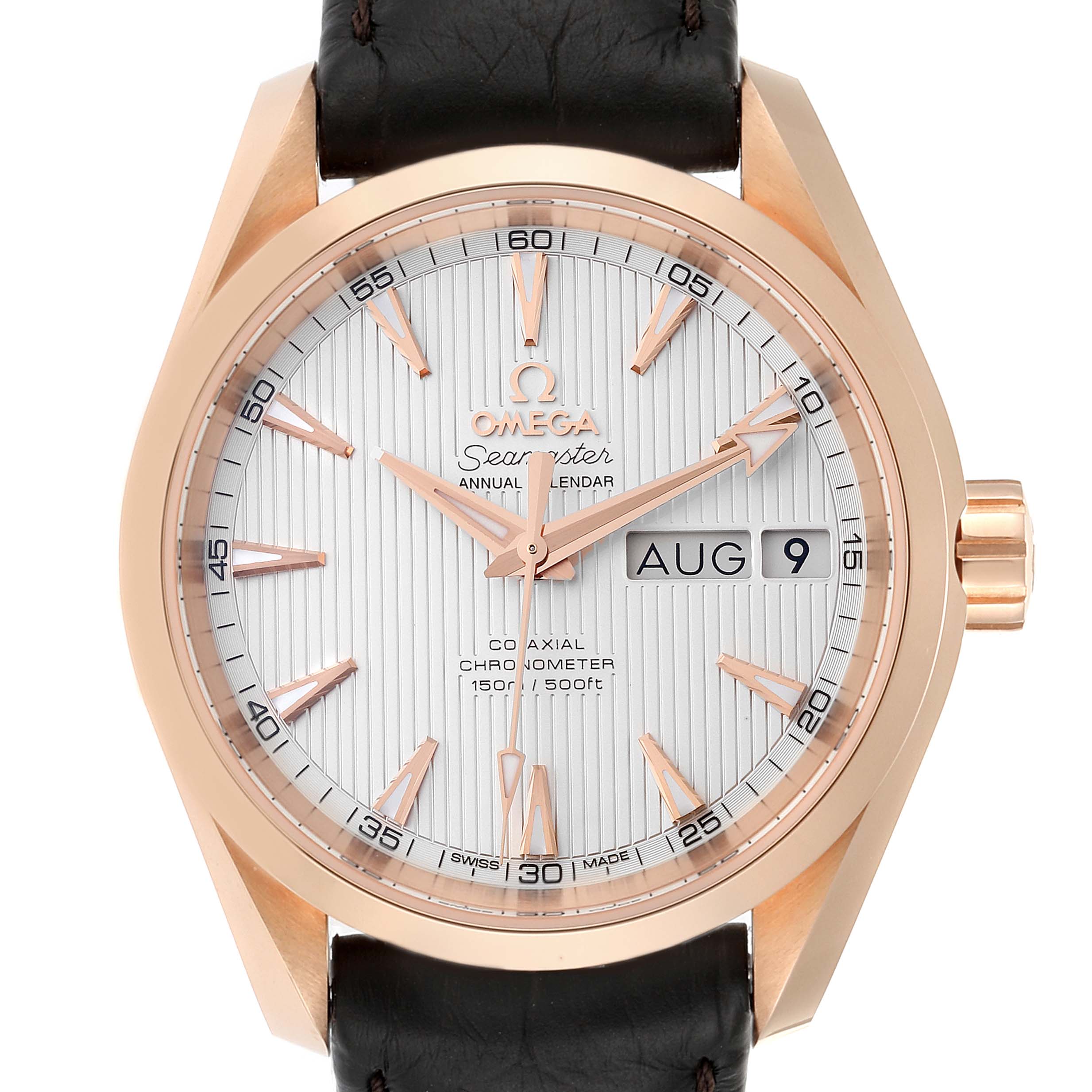The image shows an Omega Aqua Terra 231.53.39.22.02.001 Men
s Rose Gold Silver Dial 231.53.39.22.02.001 Men
s Rose Gold Silver Dial watch face and bezel at a front angle, displaying time, date, and month.