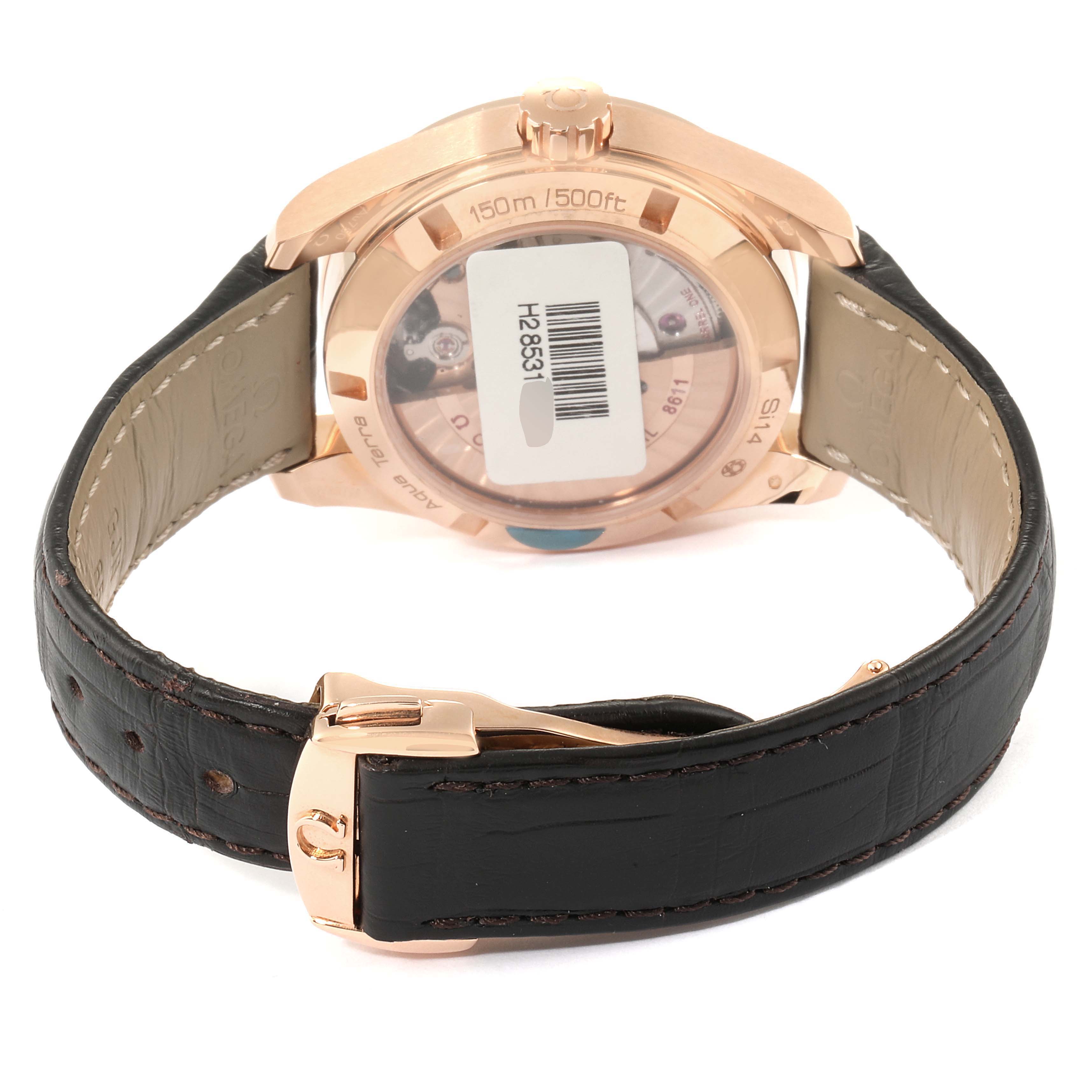 This image shows the back view of the Omega Aqua Terra 231.53.39.22.02.001 Men
s Rose Gold Silver Dial 231.53.39.22.02.001 Men
s Rose Gold Silver Dial watch, highlighting the case back and leather strap with a rose gold buckle.