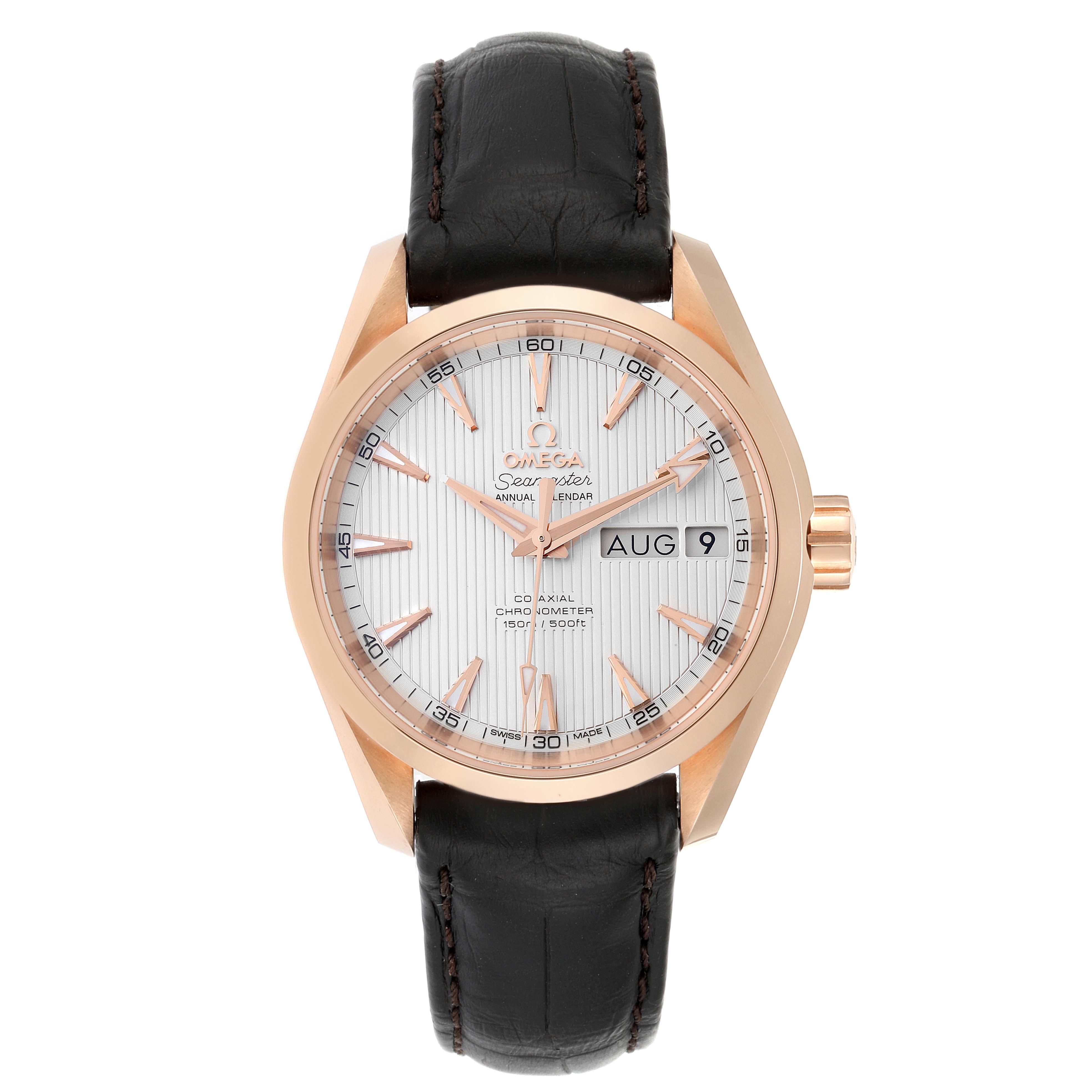 The image shows a front view of an Omega Aqua Terra 231.53.39.22.02.001 Men
s Rose Gold Silver Dial 231.53.39.22.02.001 Men
s Rose Gold Silver Dial watch, highlighting the dial, hands, date display, and leather strap.