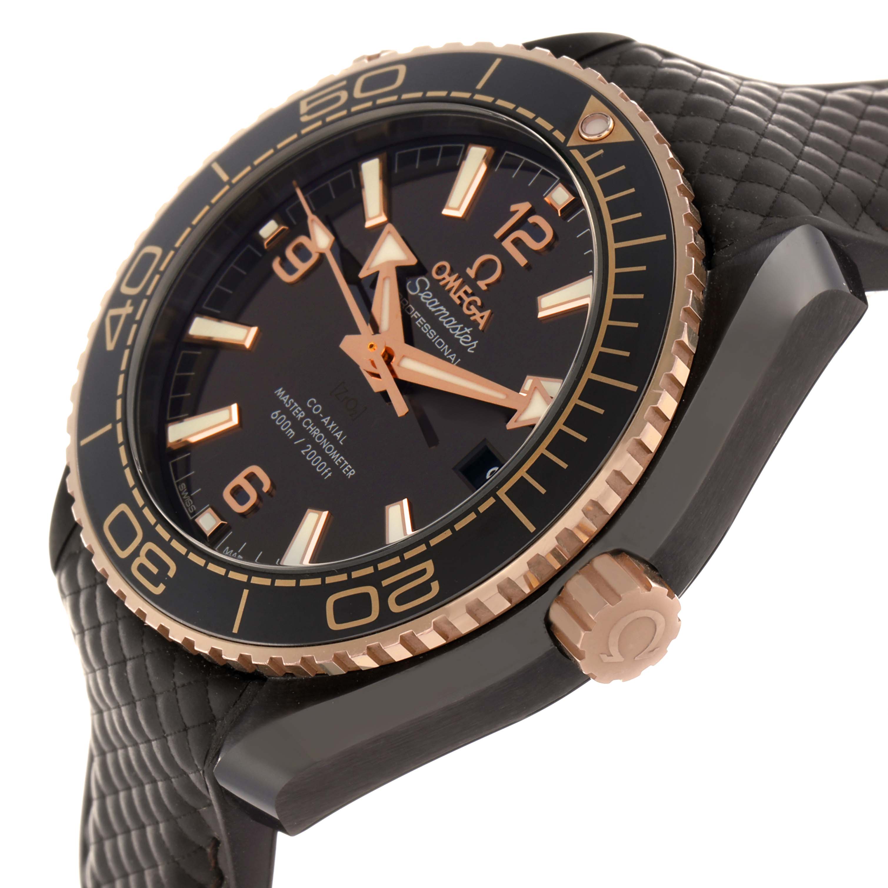 The Omega Planet Ocean 215.62.40.20.13.001 Men
s Rose Gold Black Dial model is shown at an angled side view, highlighting the bezel, crown, and strap.