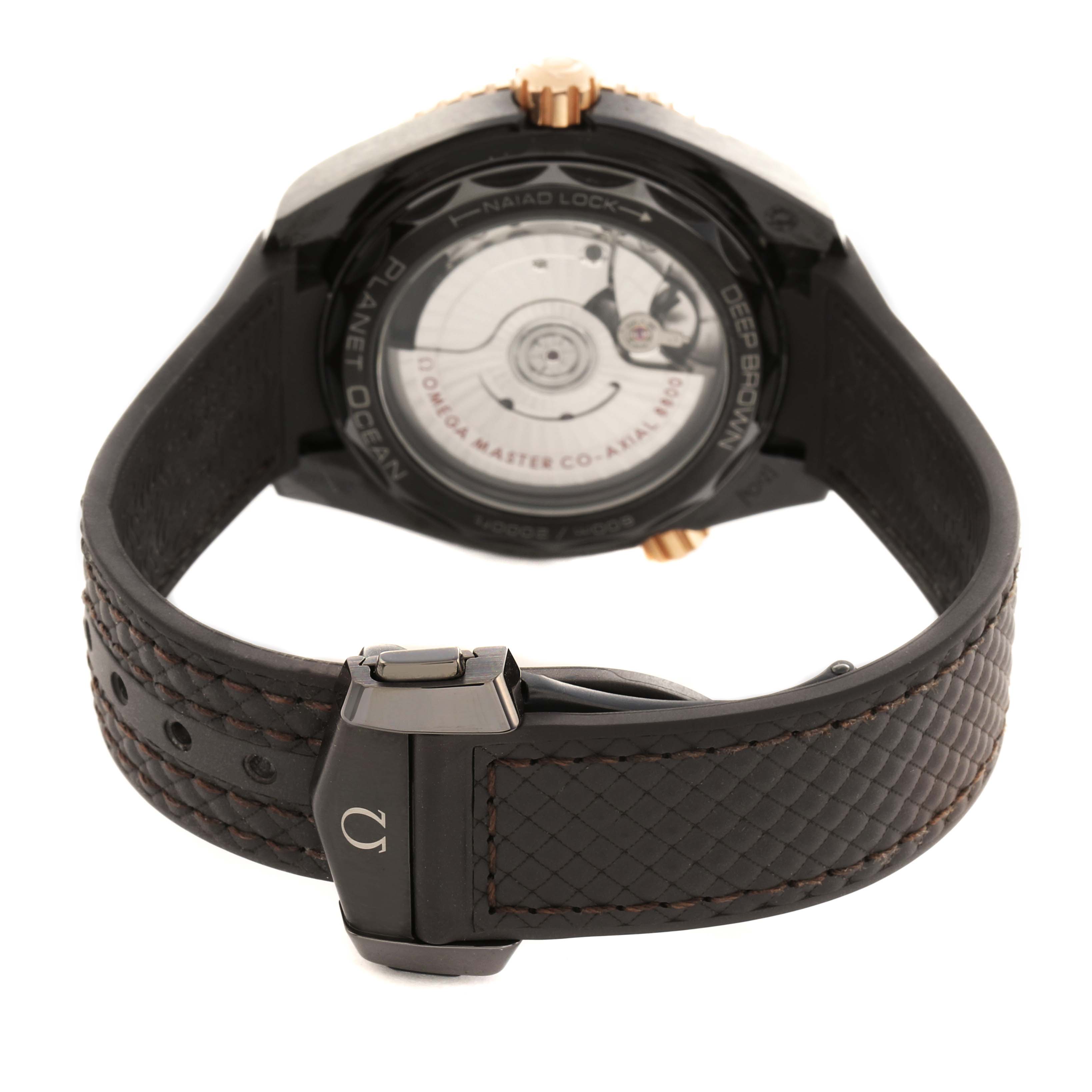 The image shows the back view of an Omega Planet Ocean 215.62.40.20.13.001 Men
s Rose Gold Black Dial model displaying the case back and strap clasp.