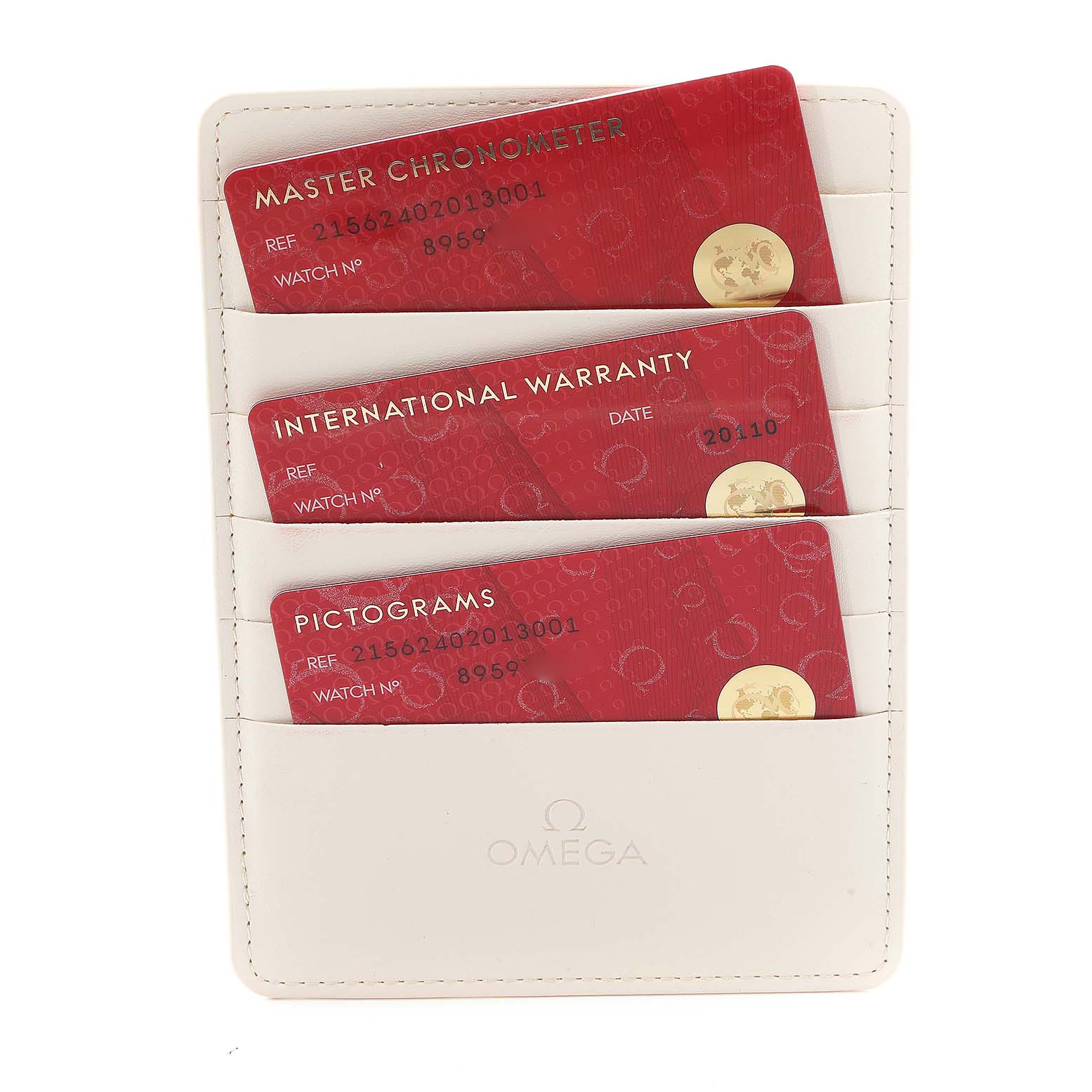 The image shows Omega warranty cards for the Planet Ocean model in a white cardholder.
