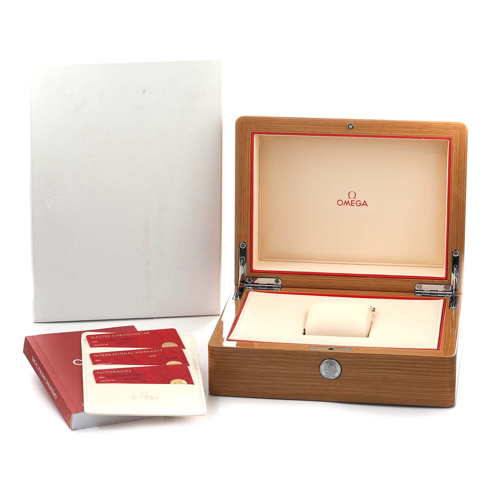 The image shows an Omega Planet Ocean 215.62.40.20.13.001 Men
s Rose Gold Black Dial watch box open, with warranty cards and a white outer box beside it.