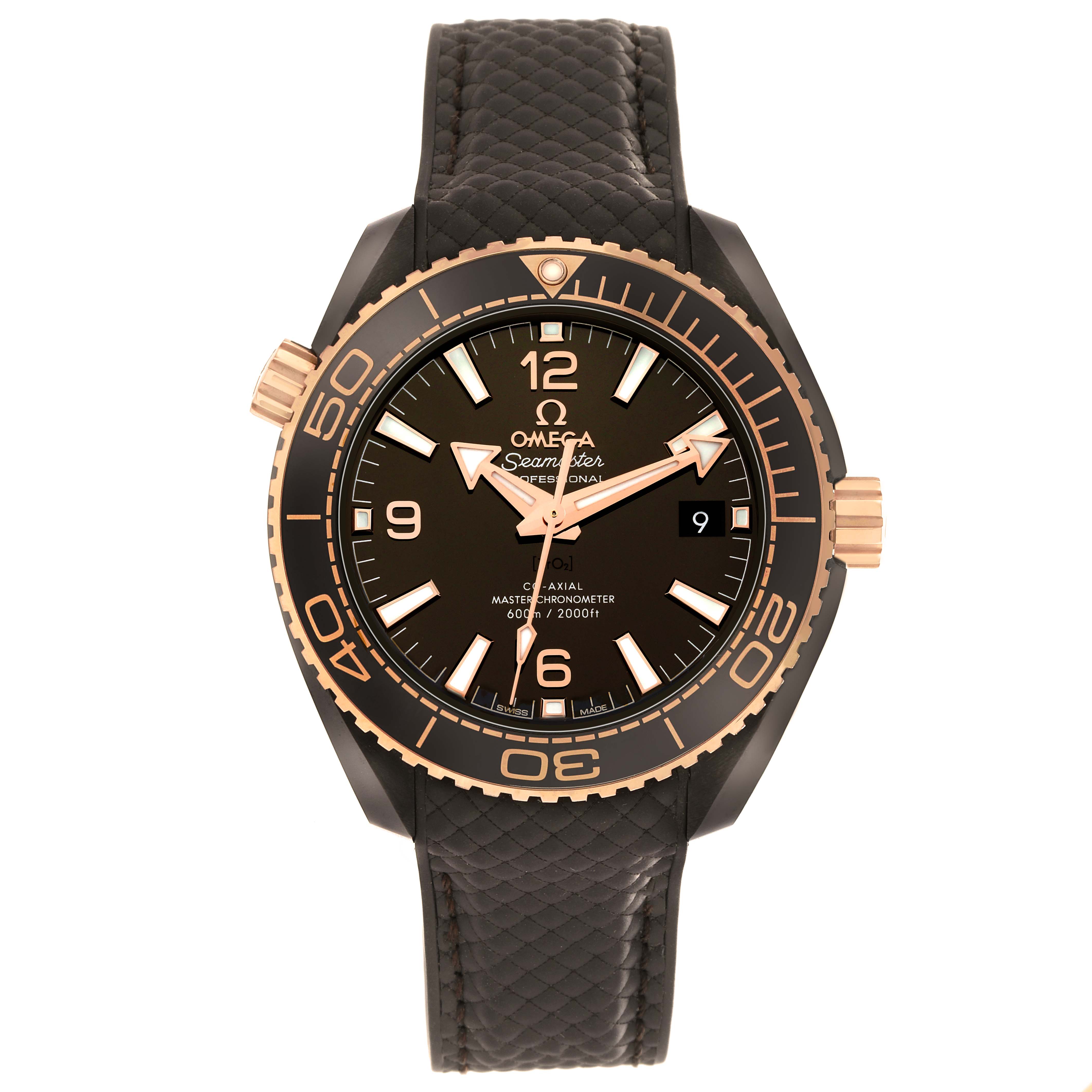 The Omega Planet Ocean 215.62.40.20.13.001 Men
s Rose Gold Black Dial watch is shown from a front view, highlighting the dial, bezel, crown, and strap.