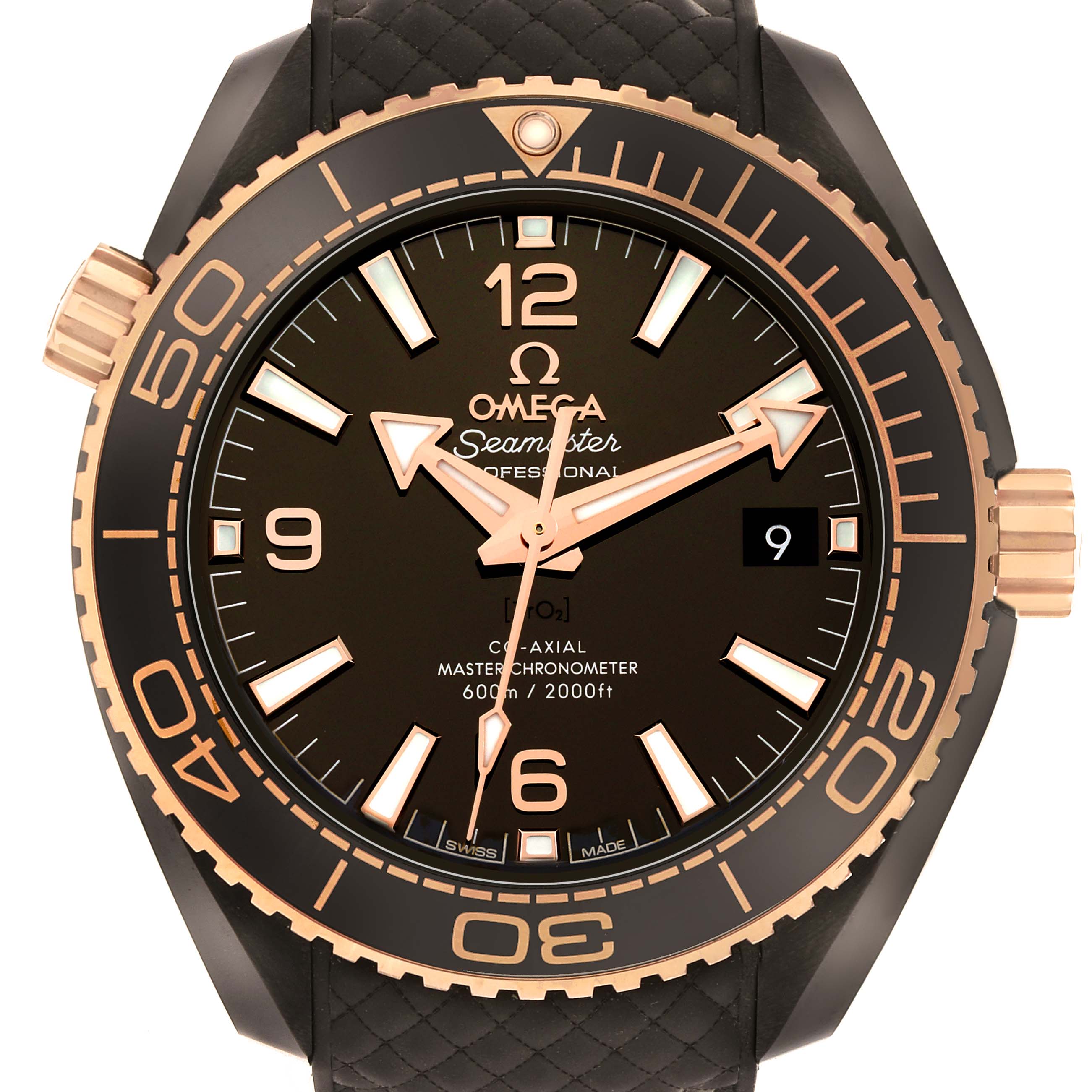 The Omega Planet Ocean 215.62.40.20.13.001 Men
s Rose Gold Black Dial watch is shown face-on, highlighting the dial, bezel, hour markers, and hands.