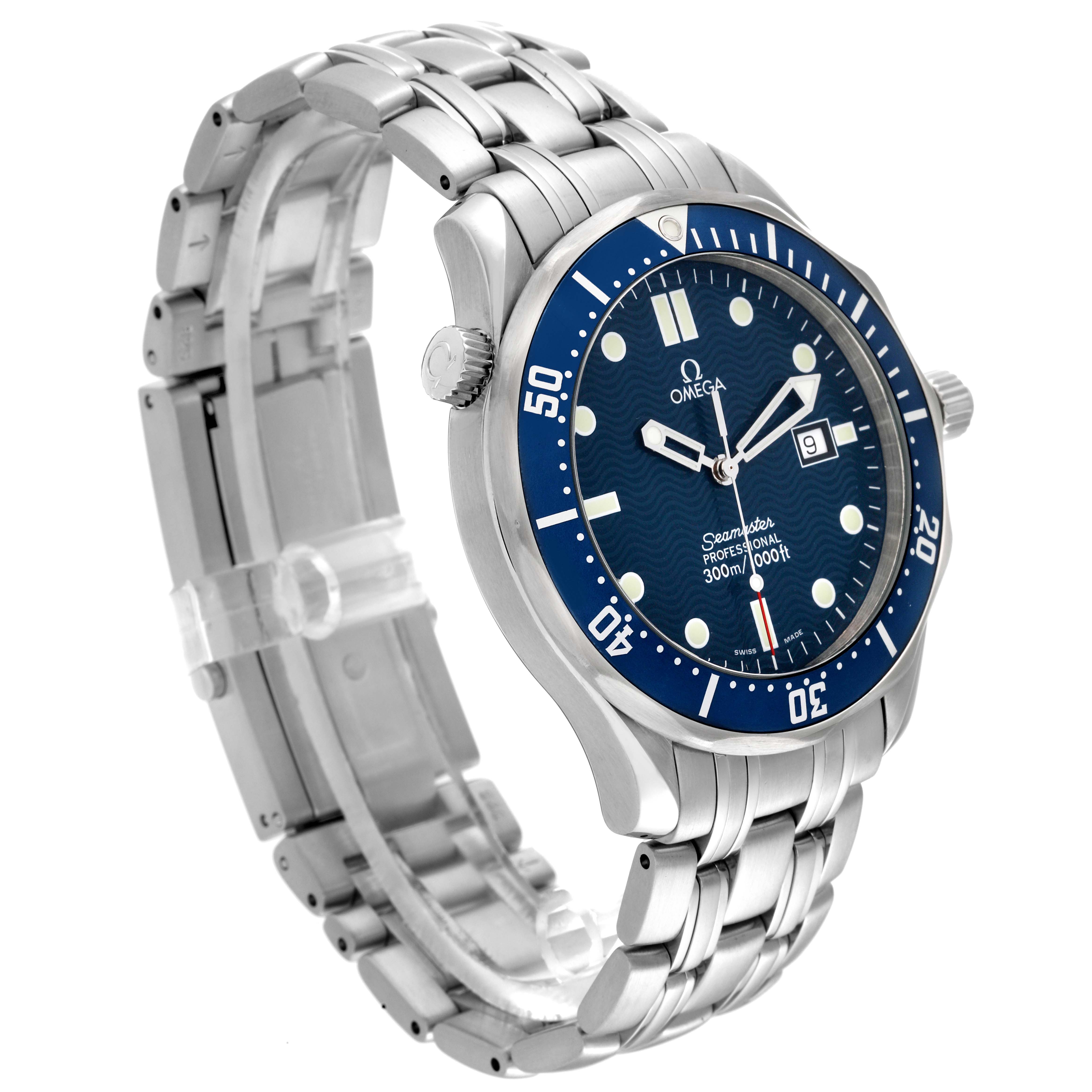 The Omega Seamaster 2541.80.00 Men
s Stainless Steel Blue Dial 2541.80.00 Men
s Stainless Steel Blue Dial watch is shown from a front-side angle, displaying its dial, bezel, crown, and metal bracelet.