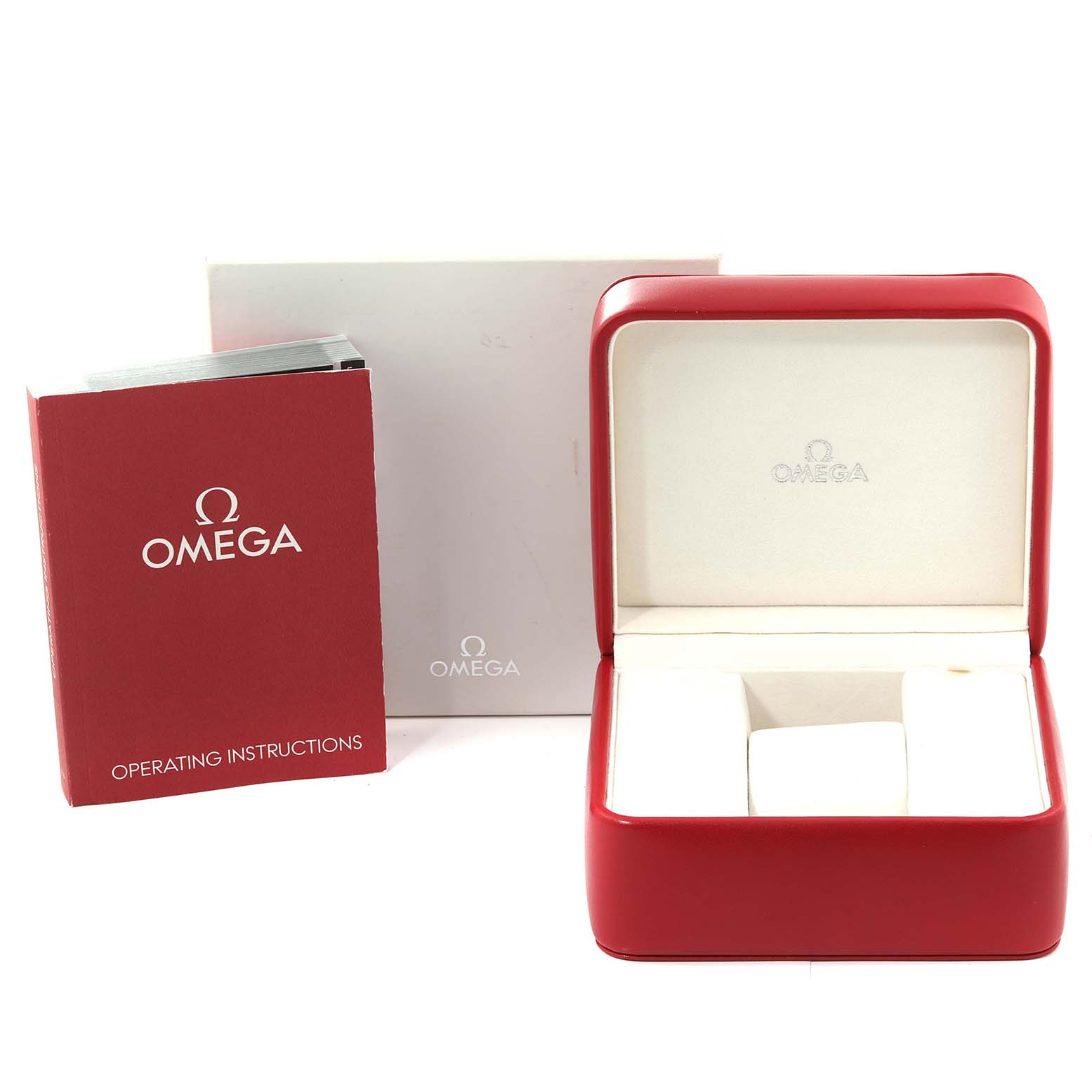 The image shows the watch box, operating instructions manual, and an outer box for an Omega Seamaster 2541.80.00 Men
s Stainless Steel Blue Dial 2541.80.00 Men
s Stainless Steel Blue Dial.