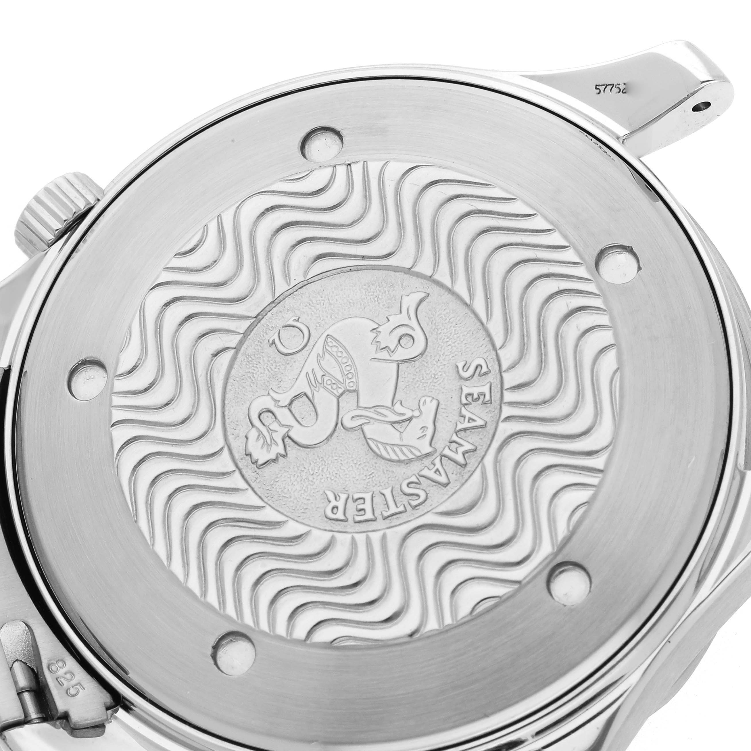 The image shows the back case of an Omega Seamaster 2541.80.00 Men
s Stainless Steel Blue Dial 2541.80.00 Men
s Stainless Steel Blue Dial watch, featuring the engraved logo and detailing.