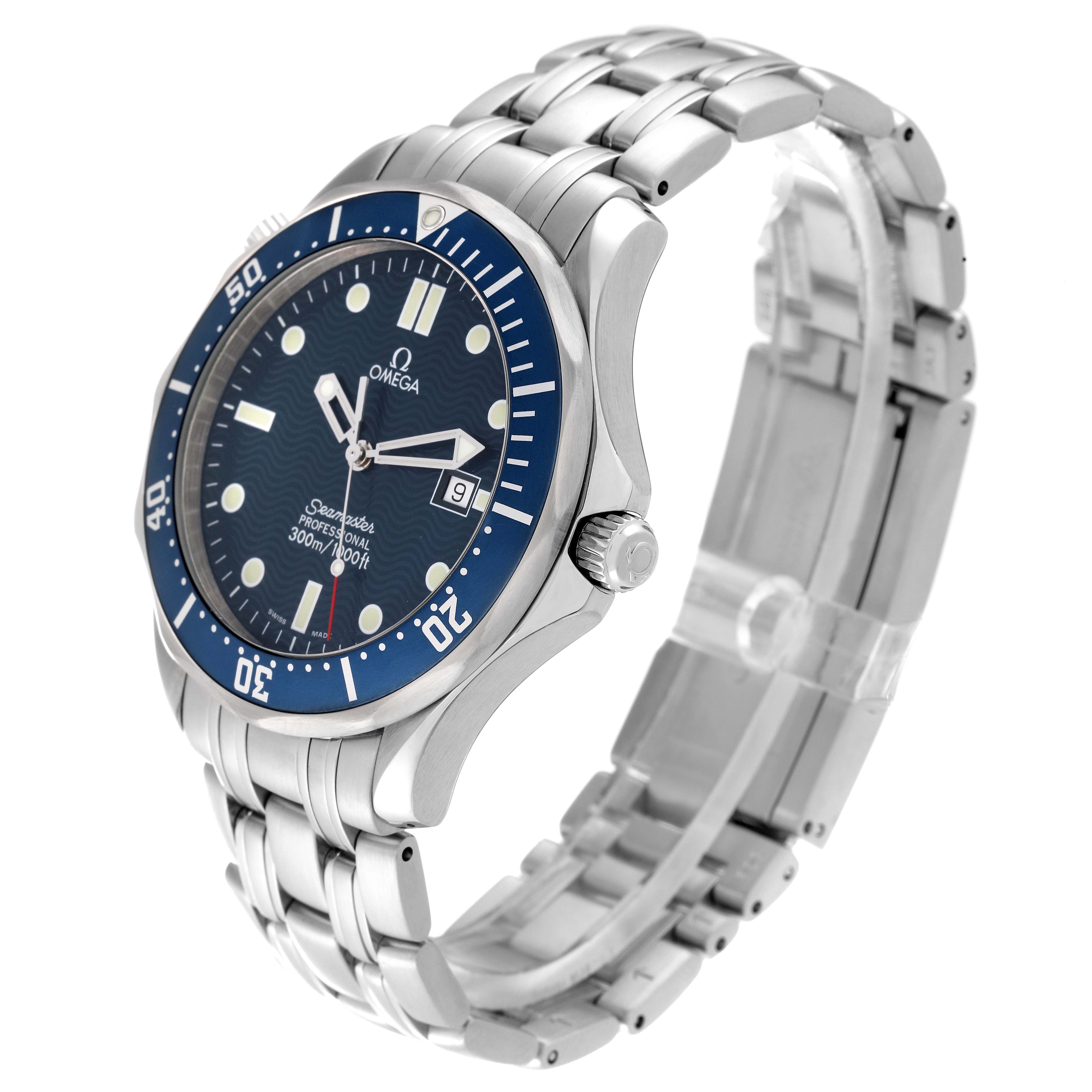 The image shows an angled side view of an Omega Seamaster 2541.80.00 Men
s Stainless Steel Blue Dial 2541.80.00 Men
s Stainless Steel Blue Dial watch, displaying the dial, bezel, and metal bracelet.