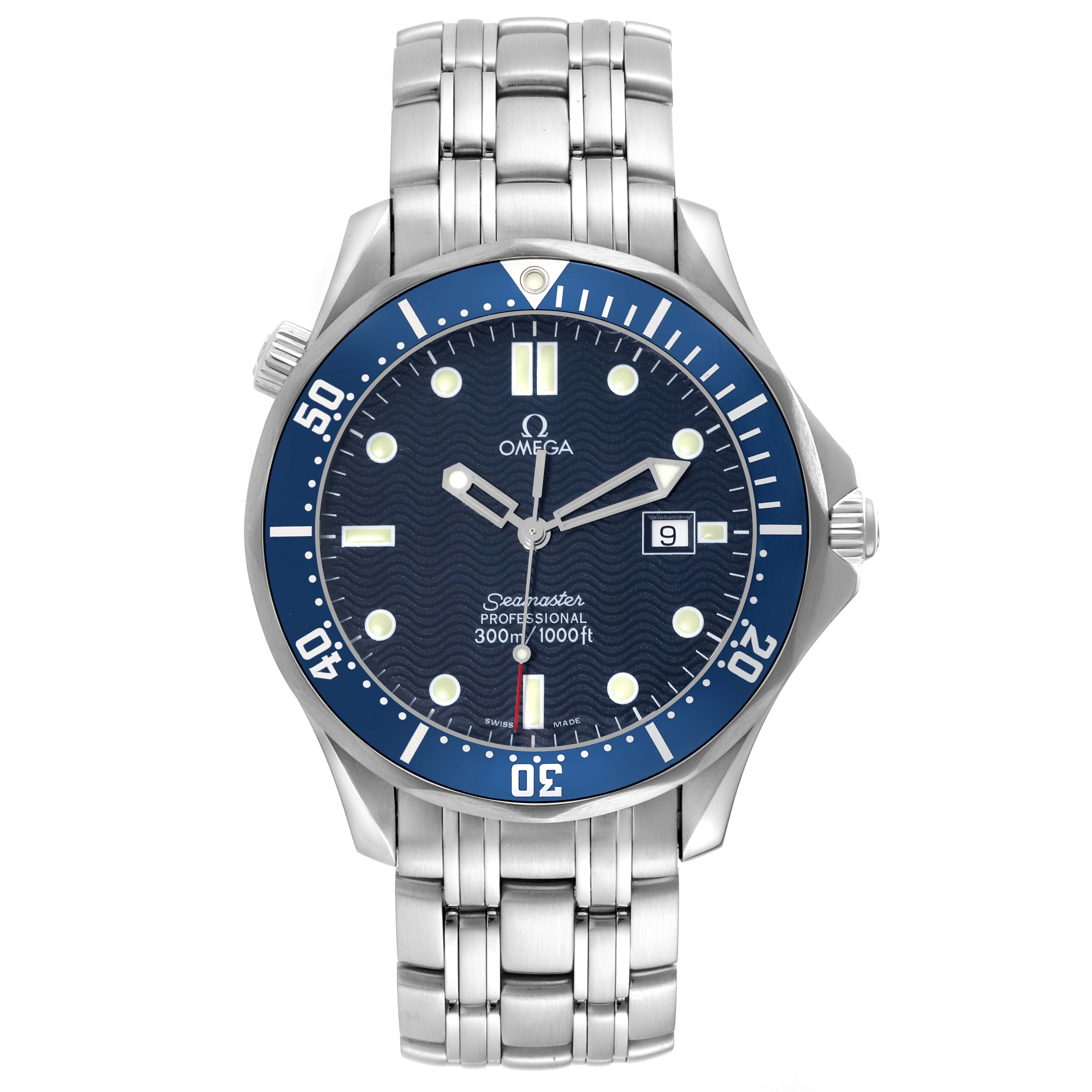 The image shows a front view of an Omega Seamaster 2541.80.00 Men
s Stainless Steel Blue Dial 2541.80.00 Men
s Stainless Steel Blue Dial watch with a blue dial, metal bracelet, and date display.