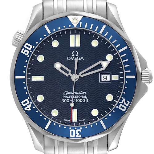 The image shows a front view of the Omega Seamaster watch, highlighting the dial, bezel, and part of the bracelet.