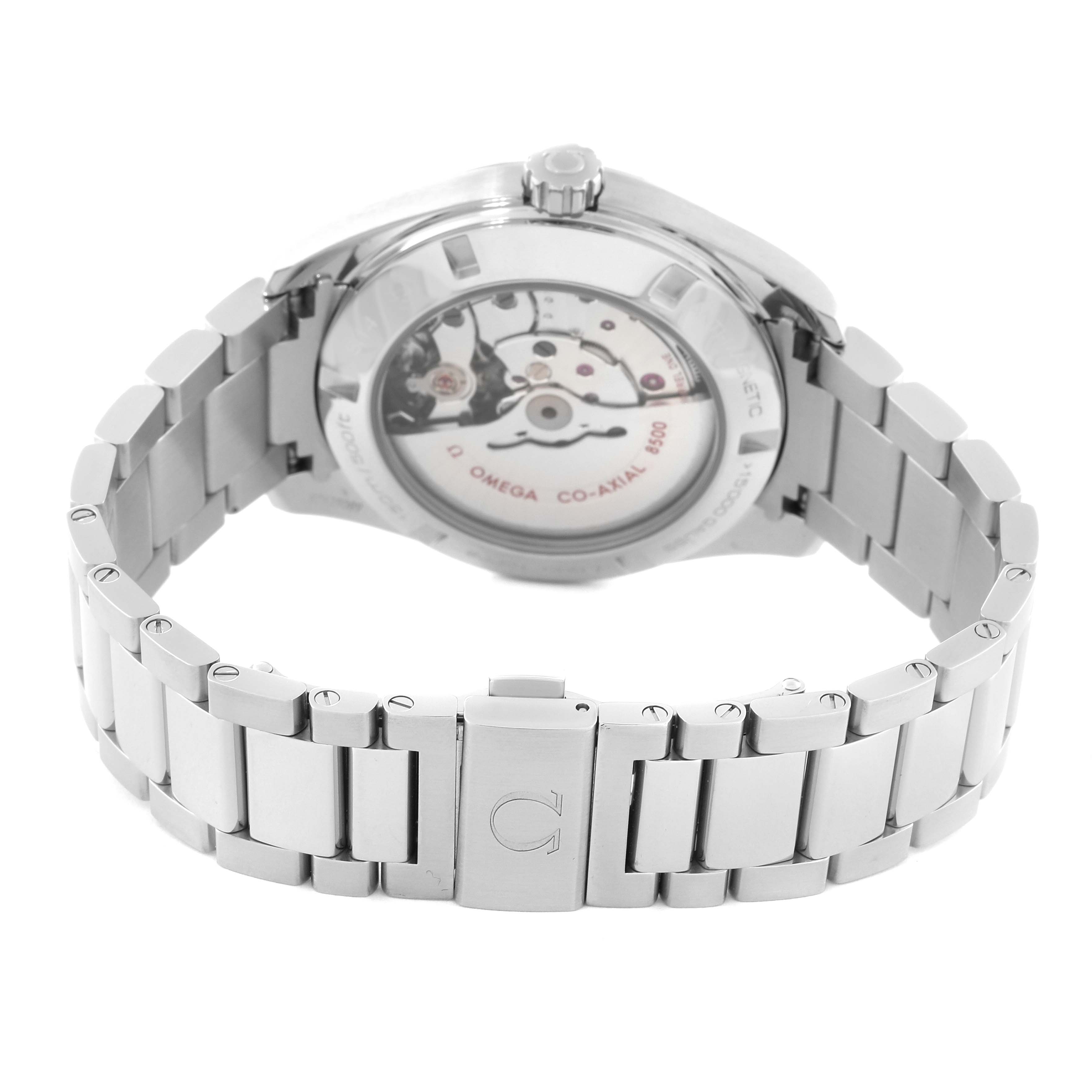 The image shows the back view of the Omega Aqua Terra 231.10.42.21.02.003 Men
s Stainless Steel Silver Dial 231.10.42.21.02.003 Men
s Stainless Steel Silver Dial watch, highlighting the movement and stainless steel bracelet.