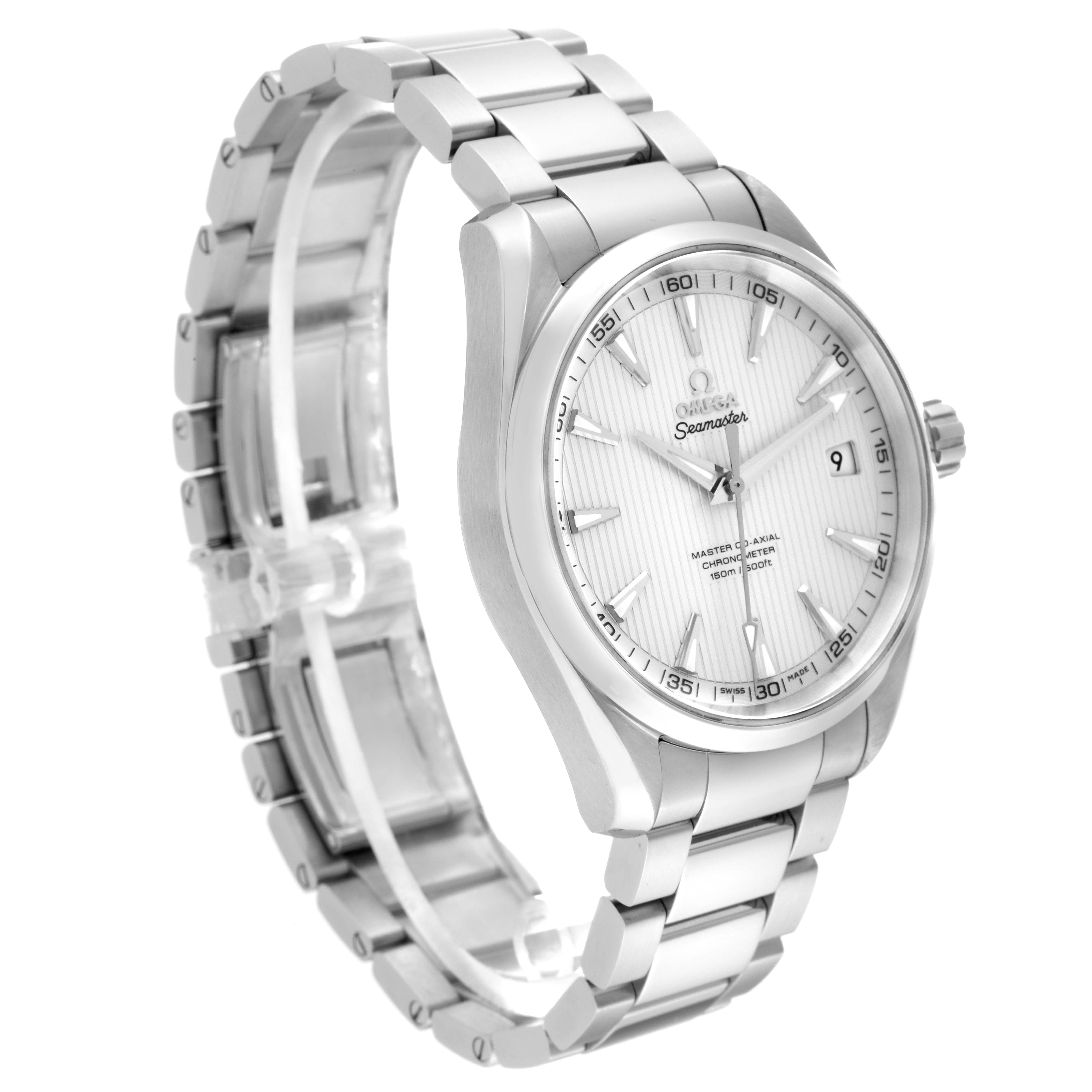 The Omega Aqua Terra 231.10.42.21.02.003 Men
s Stainless Steel Silver Dial 231.10.42.21.02.003 Men
s Stainless Steel Silver Dial watch is shown at a slight left angle, displaying the face, bezel, crown, and metal bracelet.