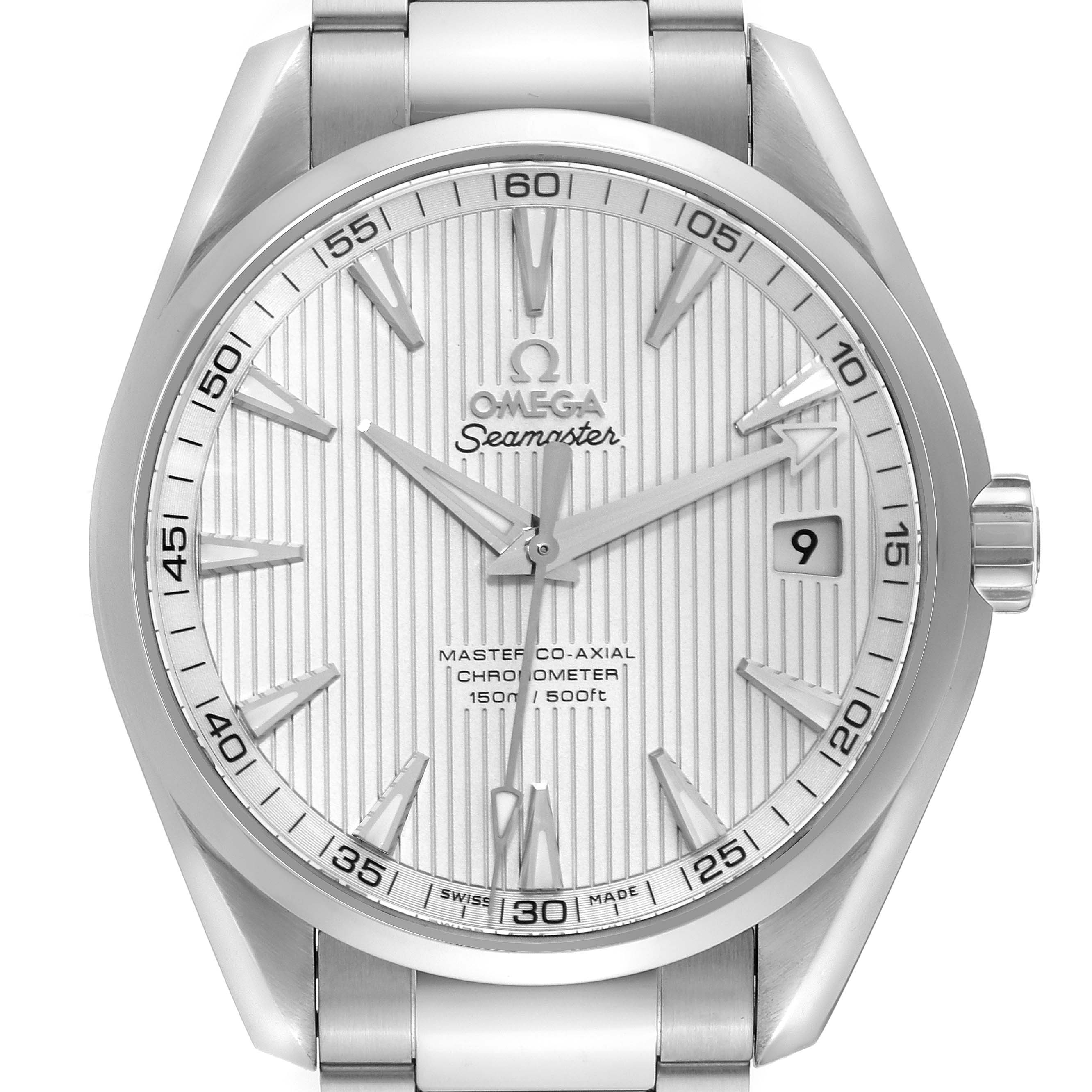 This image shows the front view of the Omega Aqua Terra 231.10.42.21.02.003 Men
s Stainless Steel Silver Dial 231.10.42.21.02.003 Men
s Stainless Steel Silver Dial watch, highlighting the dial, hands, bezel, and part of the bracelet.