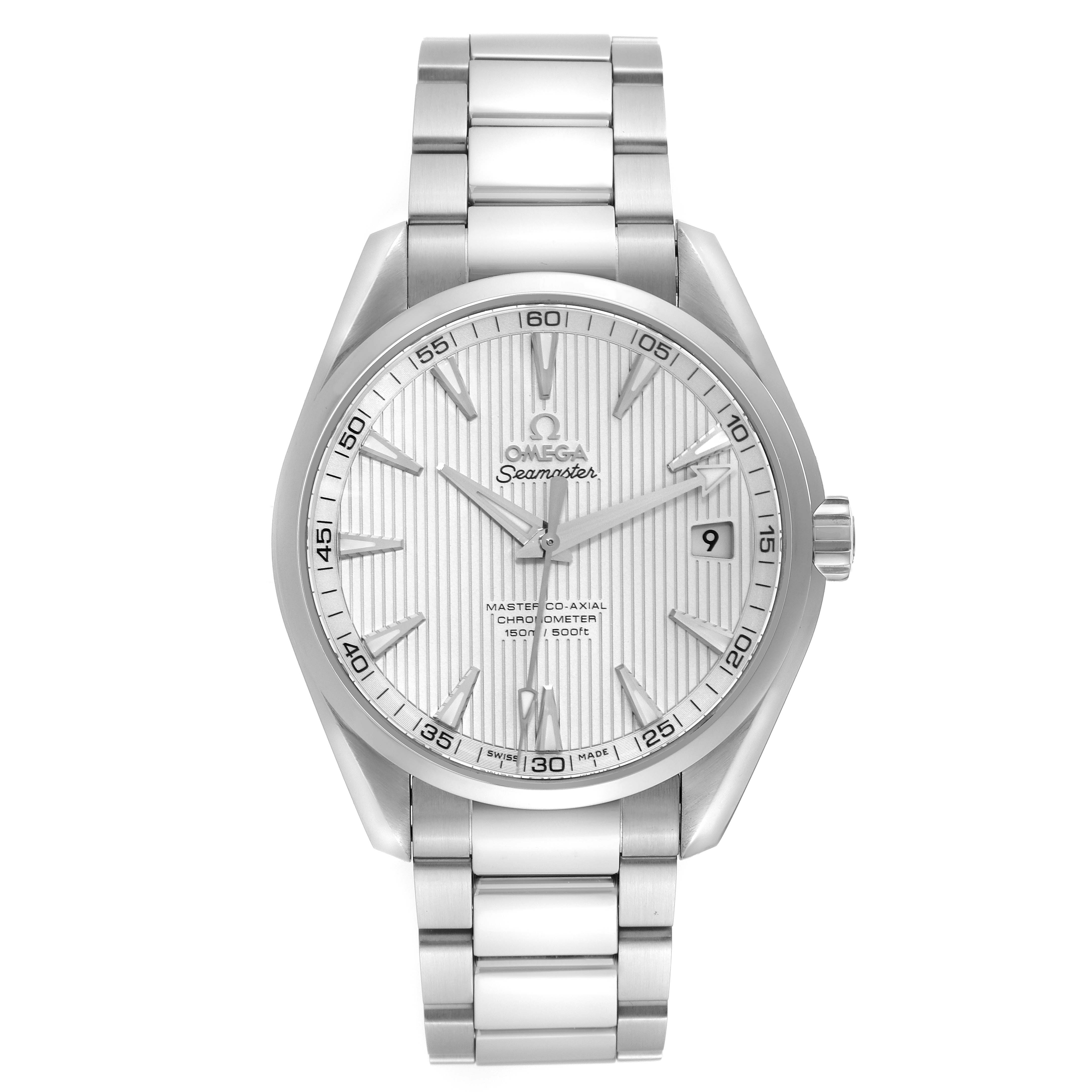 This image shows a front view of the Omega Aqua Terra 231.10.42.21.02.003 Men
s Stainless Steel Silver Dial 231.10.42.21.02.003 Men
s Stainless Steel Silver Dial watch, highlighting its face, bezel, and bracelet.