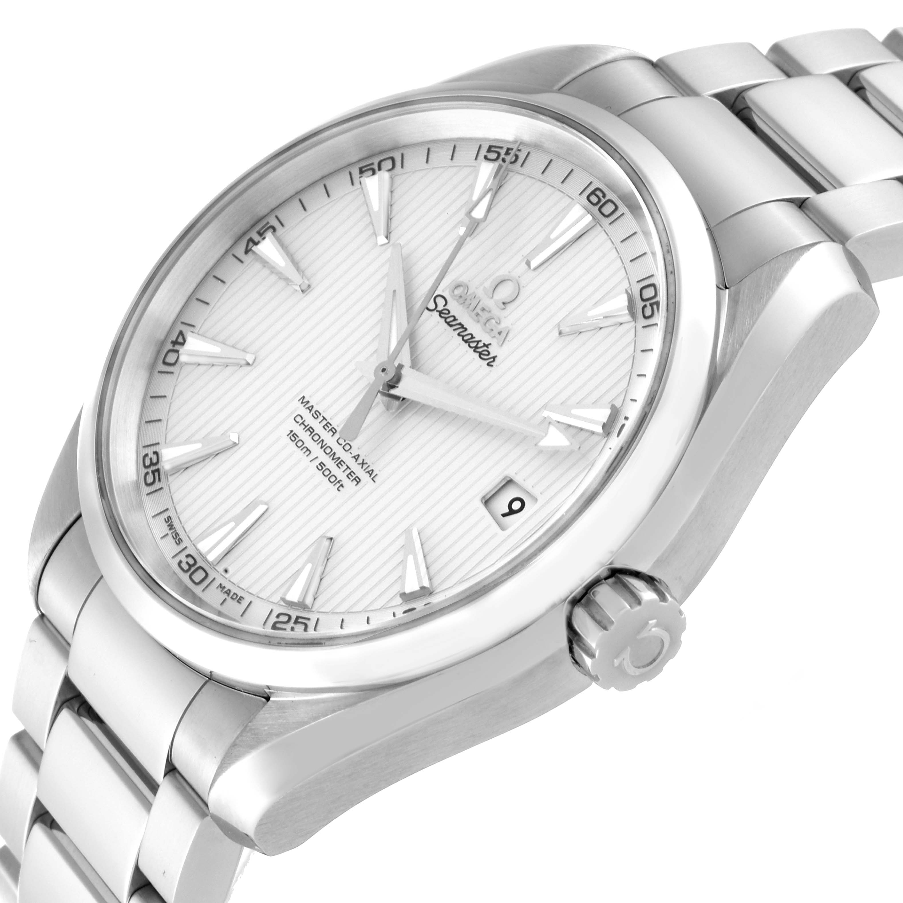 The image shows a close-up, angled view of the Omega Aqua Terra 231.10.42.21.02.003 Men
s Stainless Steel Silver Dial 231.10.42.21.02.003 Men
s Stainless Steel Silver Dial watch face, bezel, crown, and part of the stainless steel bracelet.