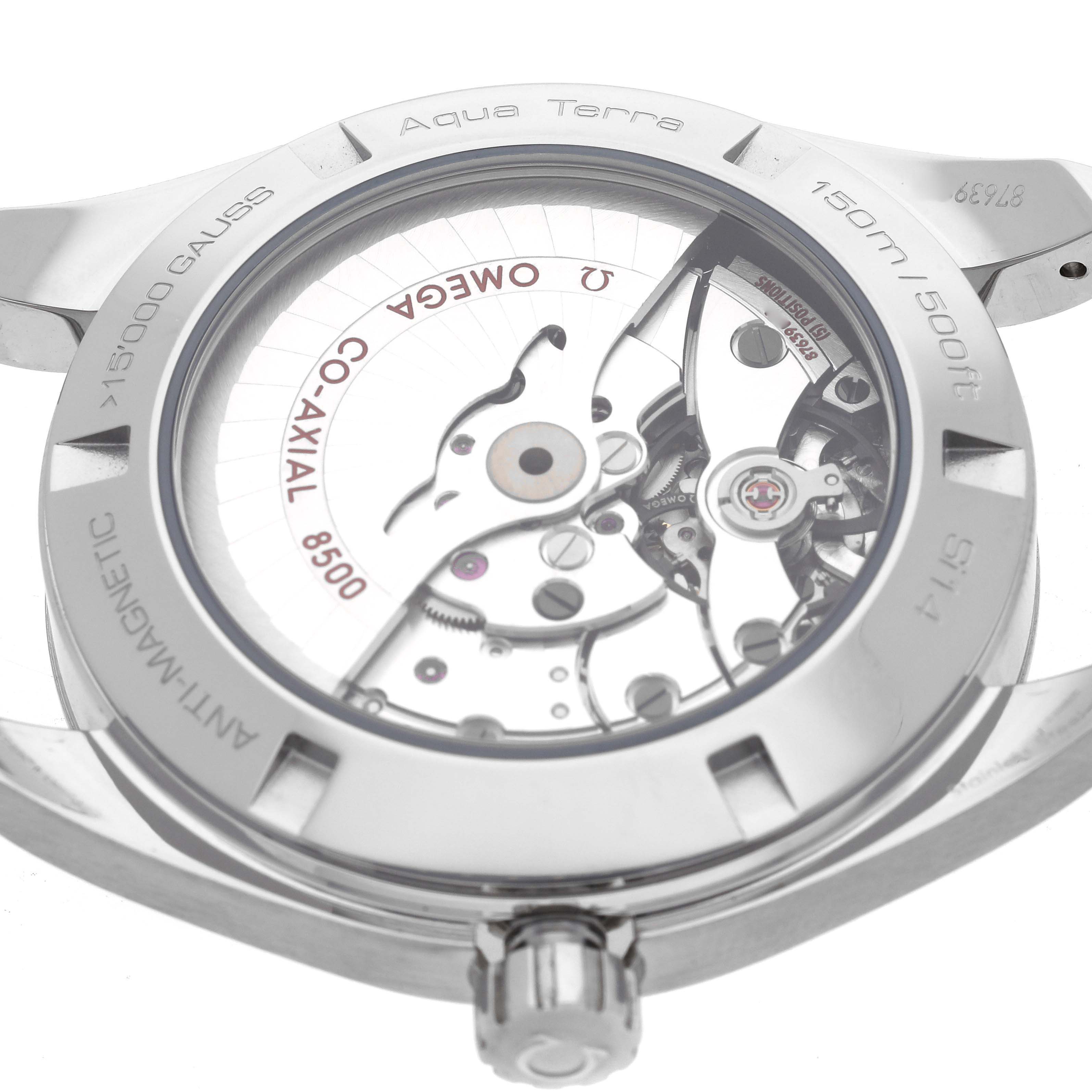 The image shows the back of the Omega Aqua Terra 231.10.42.21.02.003 Men
s Stainless Steel Silver Dial 231.10.42.21.02.003 Men
s Stainless Steel Silver Dial watch, highlighting its co-axial 8500 movement and anti-magnetic mechanism.