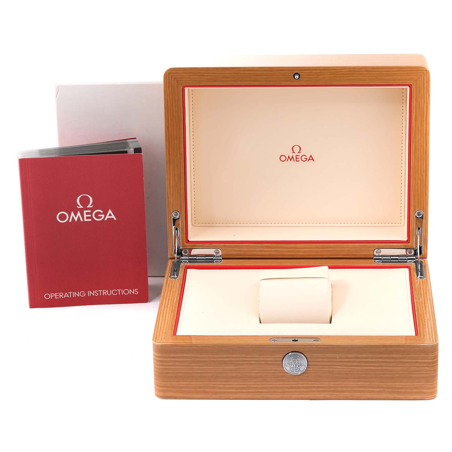 The image shows an Omega Aqua Terra 231.10.42.21.02.003 Men
s Stainless Steel Silver Dial 231.10.42.21.02.003 Men
s Stainless Steel Silver Dial watch box open, with an operating instructions booklet beside it.