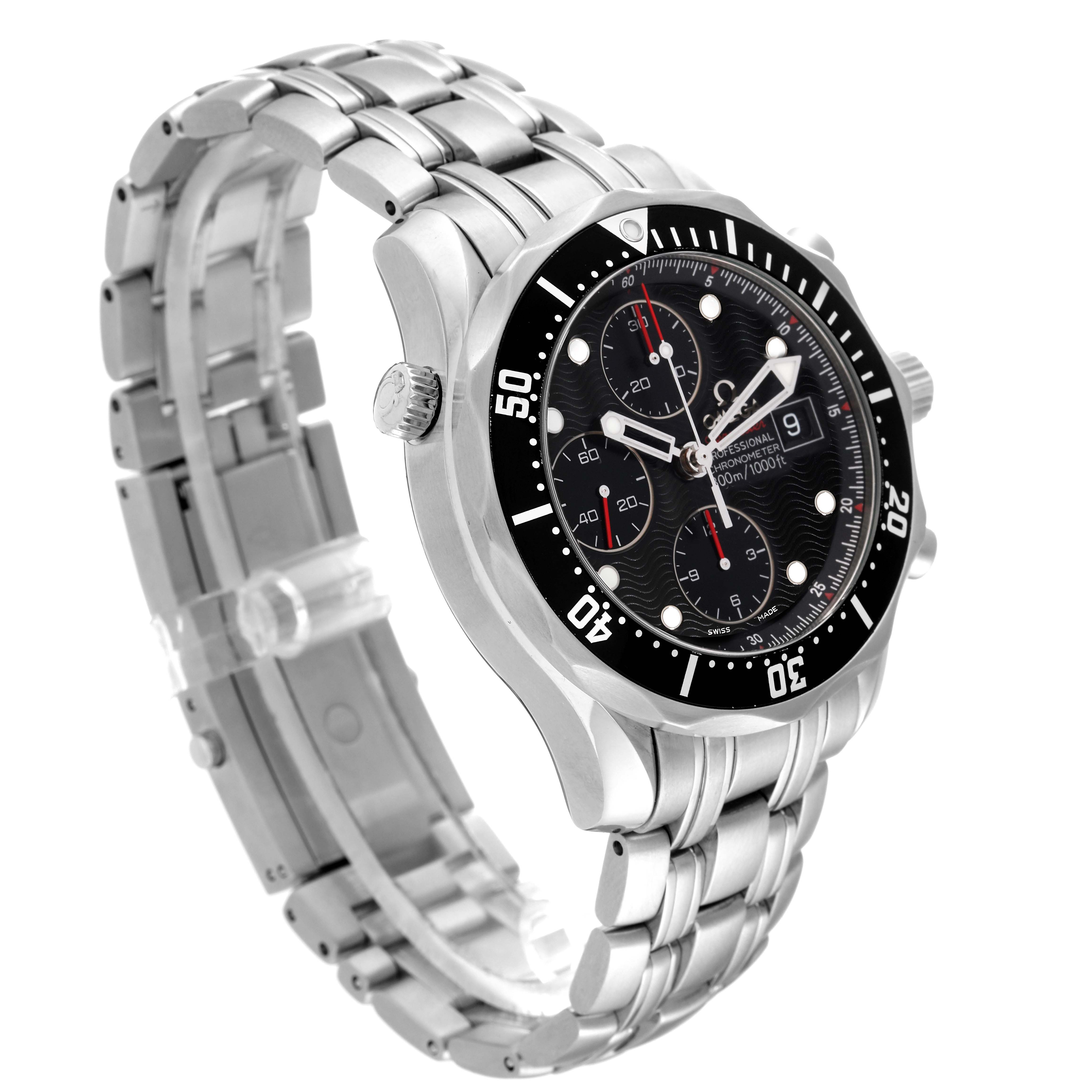 This image shows a side-angle view of the Omega Seamaster 213.30.42.40.01.001 Men
s Stainless Steel Black Dial 213.30.42.40.01.001 Men
s Stainless Steel Black Dial watch, highlighting the dial, bezel, crown, and metal bracelet.